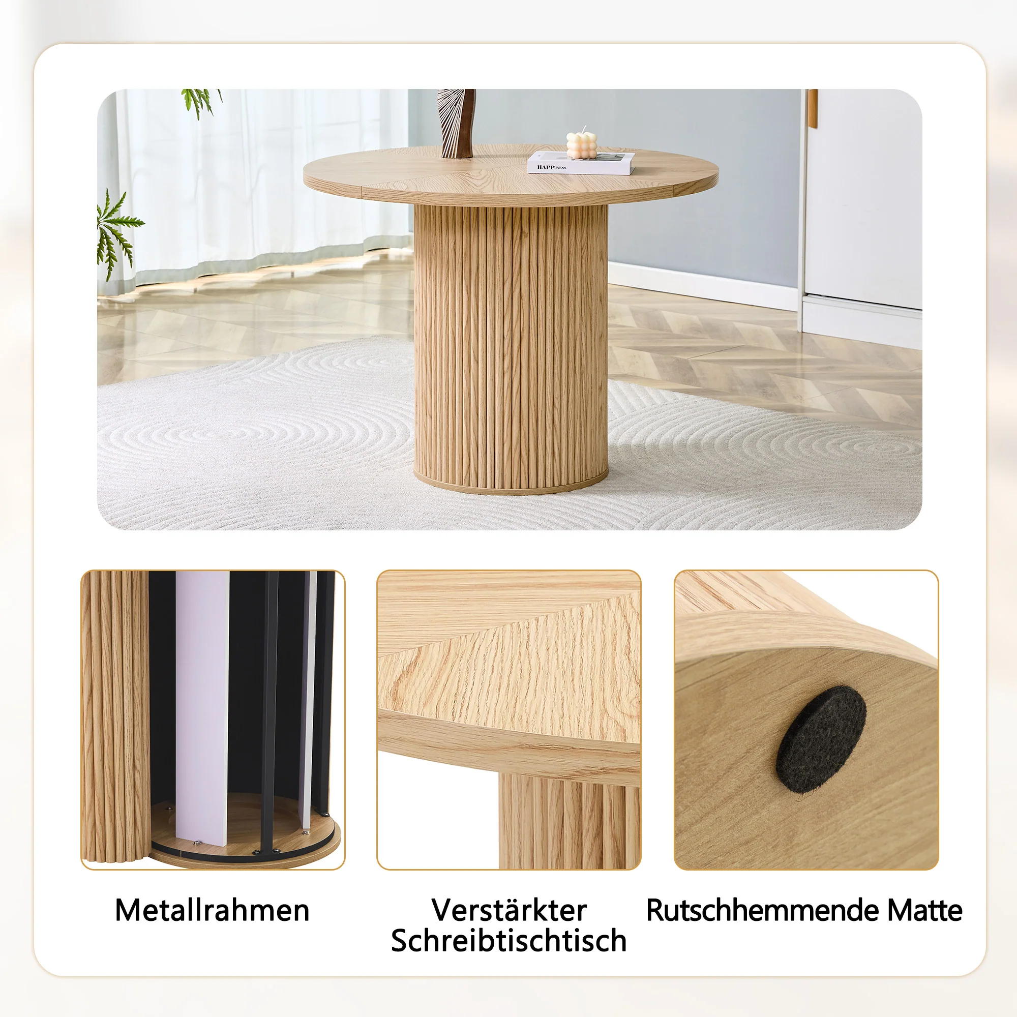 Round Dining Set 100cm MDF Table 4 Chairs - Light Wood Look/Black Faux Leather - Image 9