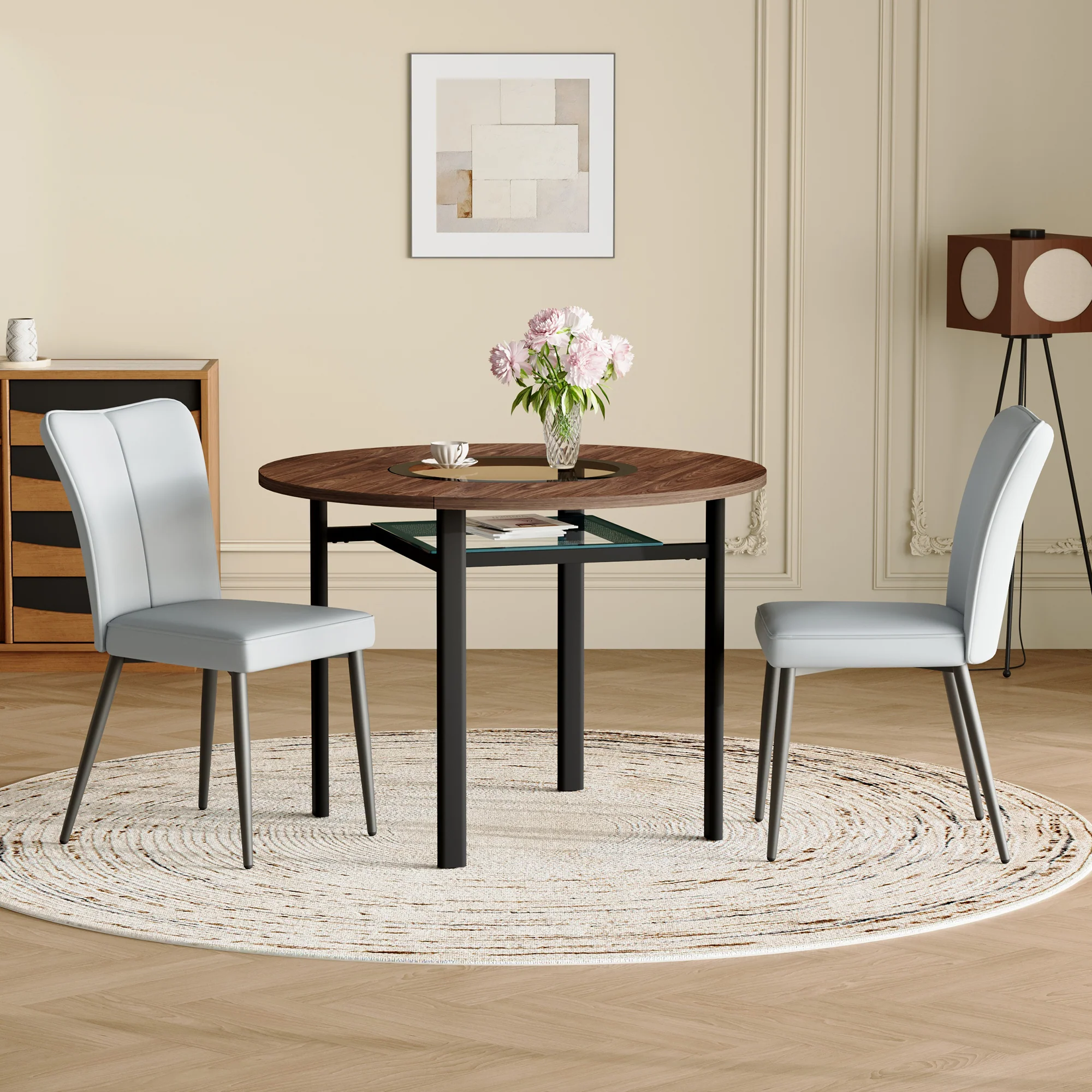 Round Dining Set 100cm Minimalist 2 PU Chairs - Light Grey/Wood Look - Image 2
