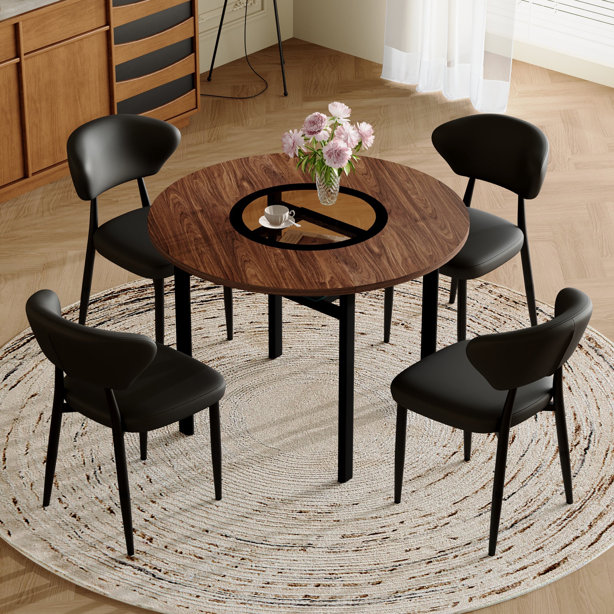 Round Dining Set 100cm Minimalist Table 4 PU Armchairs - Wood Look/Black