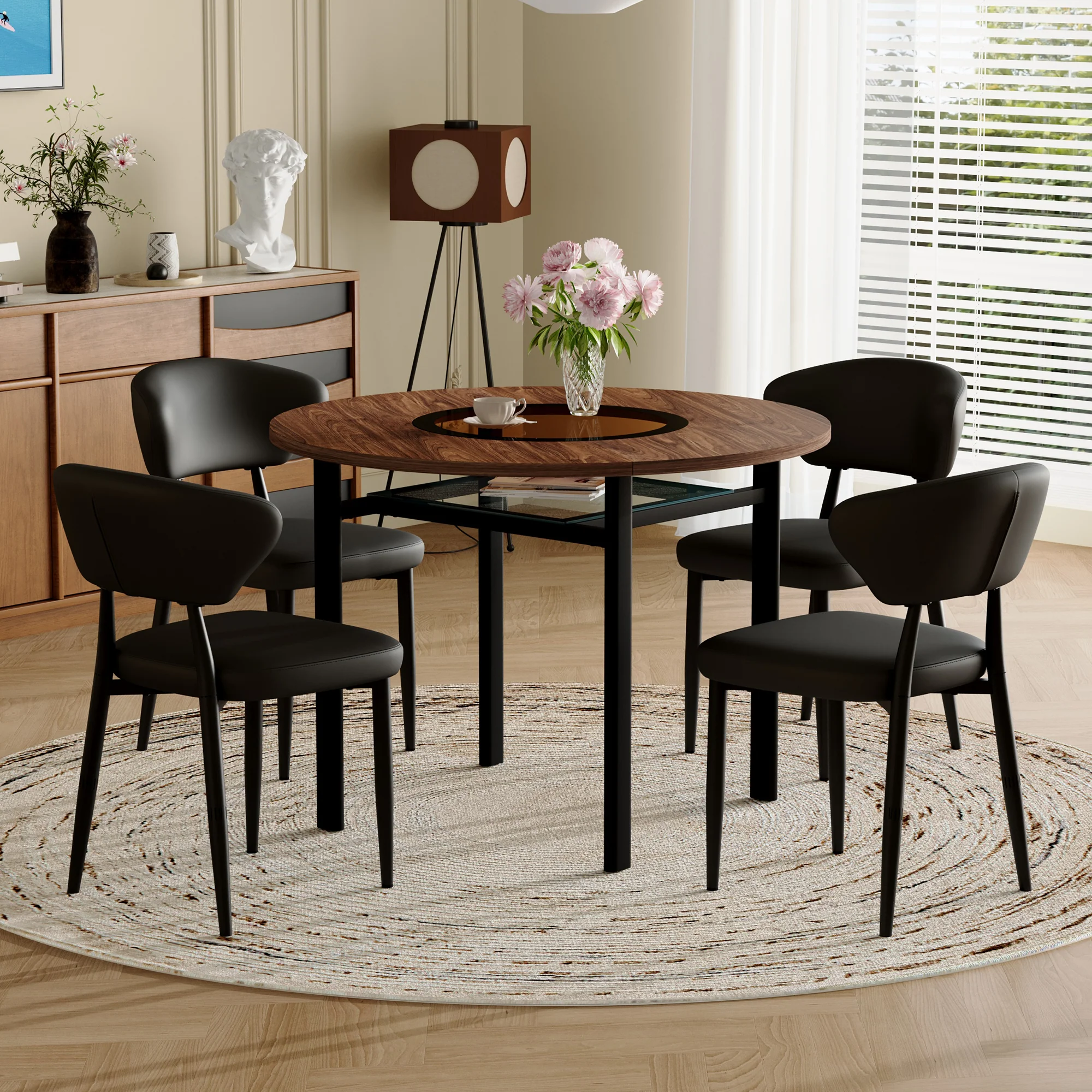 Round Dining Set 100cm Minimalist Table 4 PU Armchairs - Wood Look/Black - Image 2