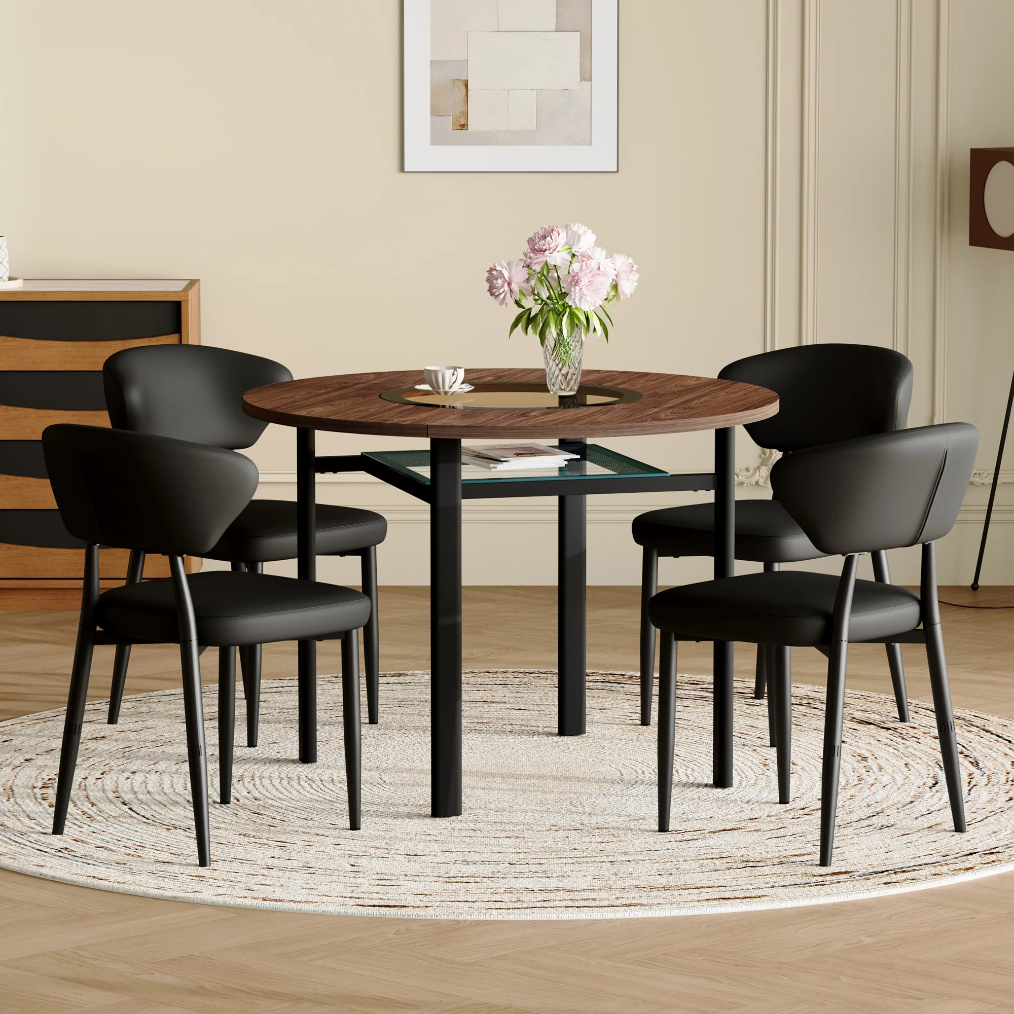 Round Dining Set 100cm Minimalist Table 4 PU Armchairs - Wood Look/Black - Image 3