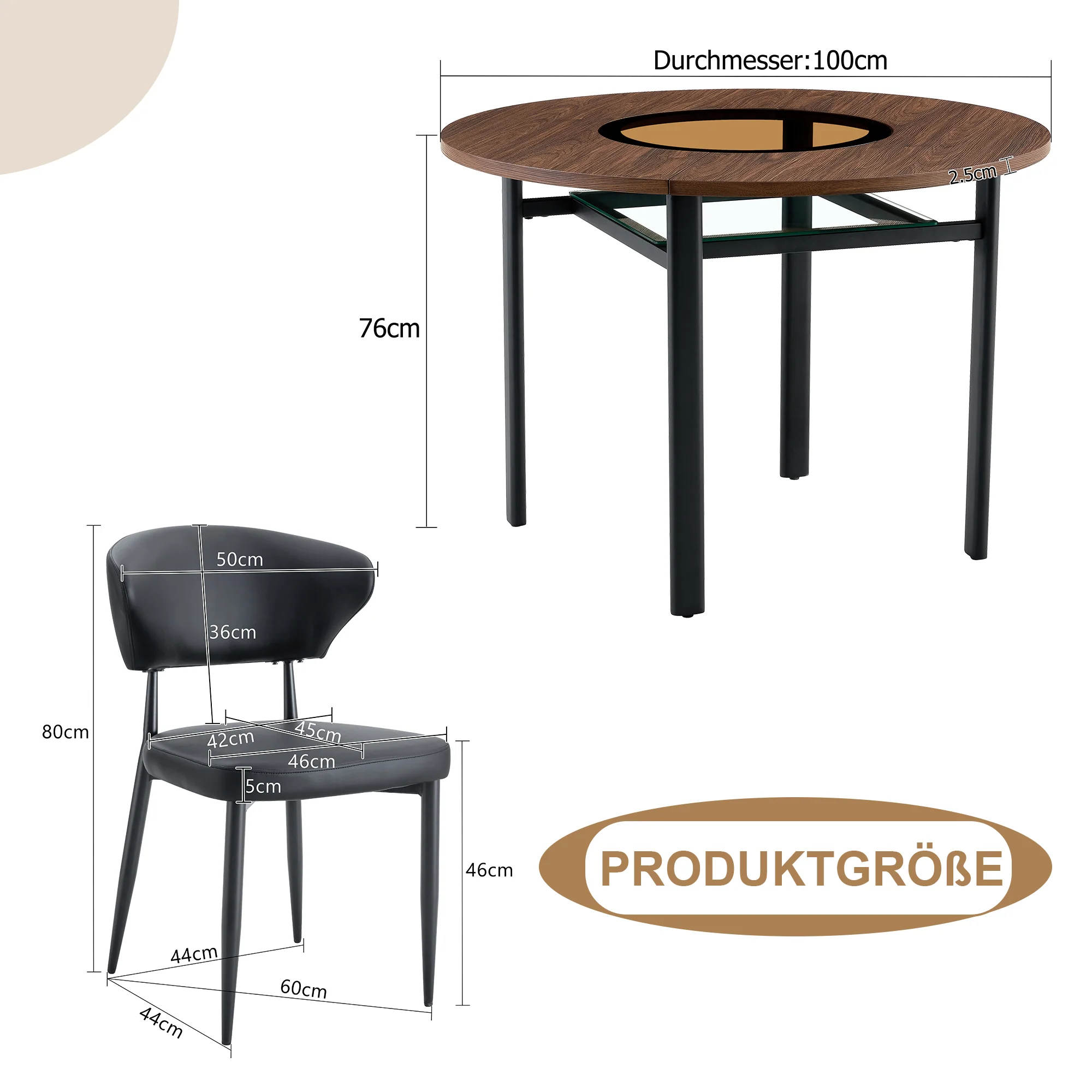 Round Dining Set 100cm Minimalist Table 4 PU Armchairs - Wood Look/Black - Image 4