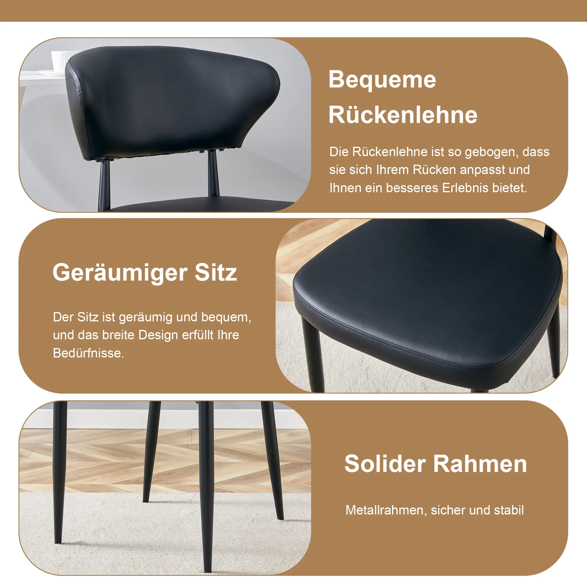 Round Dining Set 100cm Minimalist Table 4 PU Armchairs - Wood Look/Black - Image 5
