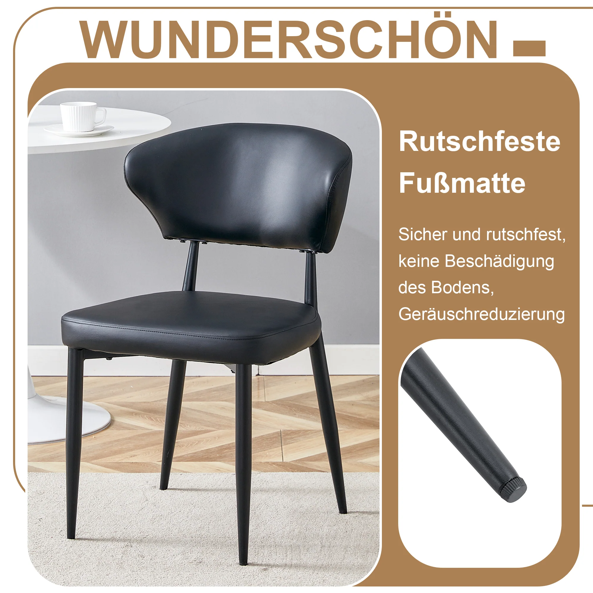 Round Dining Set 100cm Minimalist Table 4 PU Armchairs - Wood Look/Black - Image 6