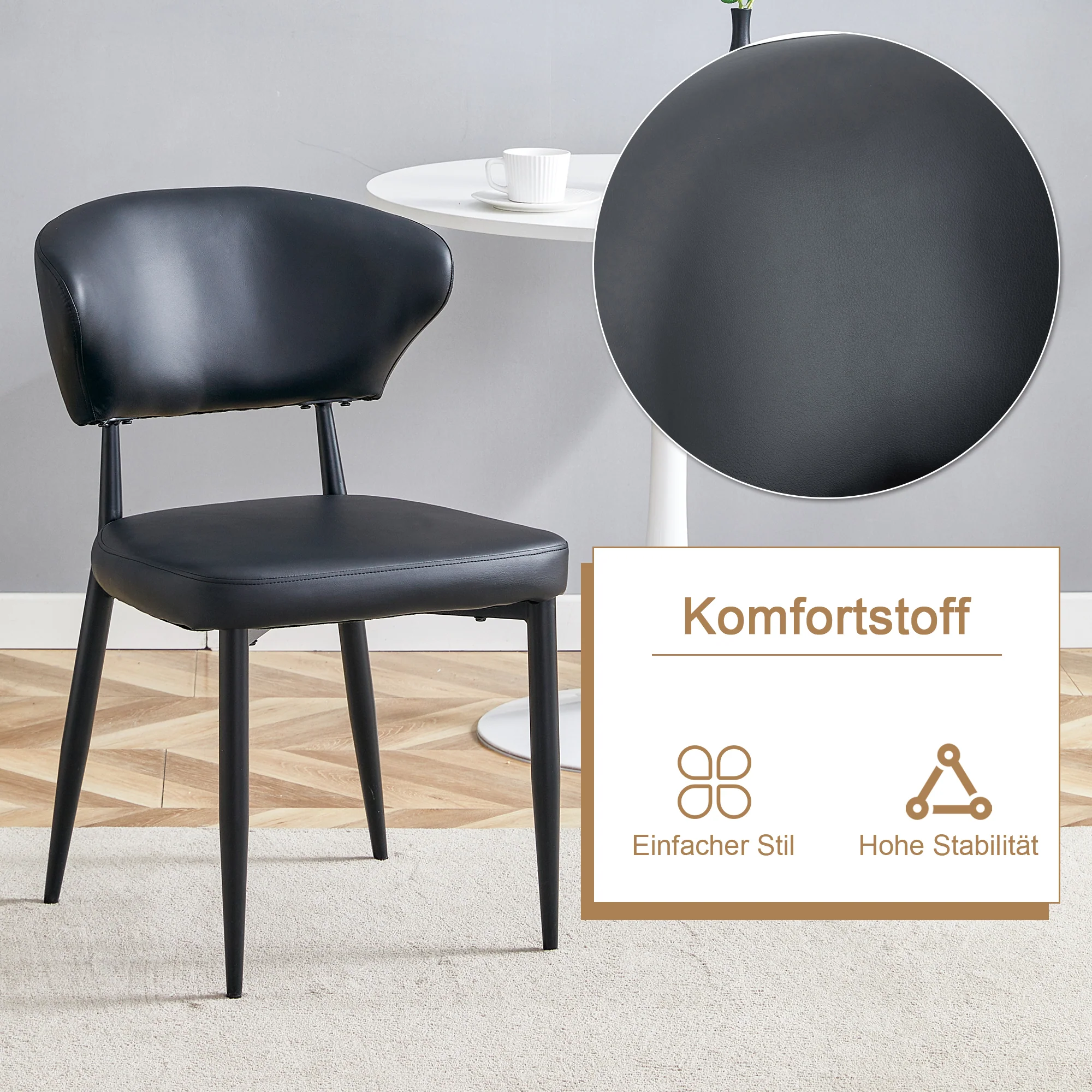 Round Dining Set 100cm Minimalist Table 4 PU Armchairs - Wood Look/Black - Image 7