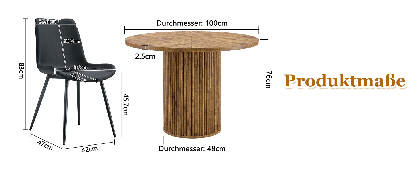 Round Dining Set 100cm Table 4 Faux Leather Chairs - Wood Look/Black - Image 10