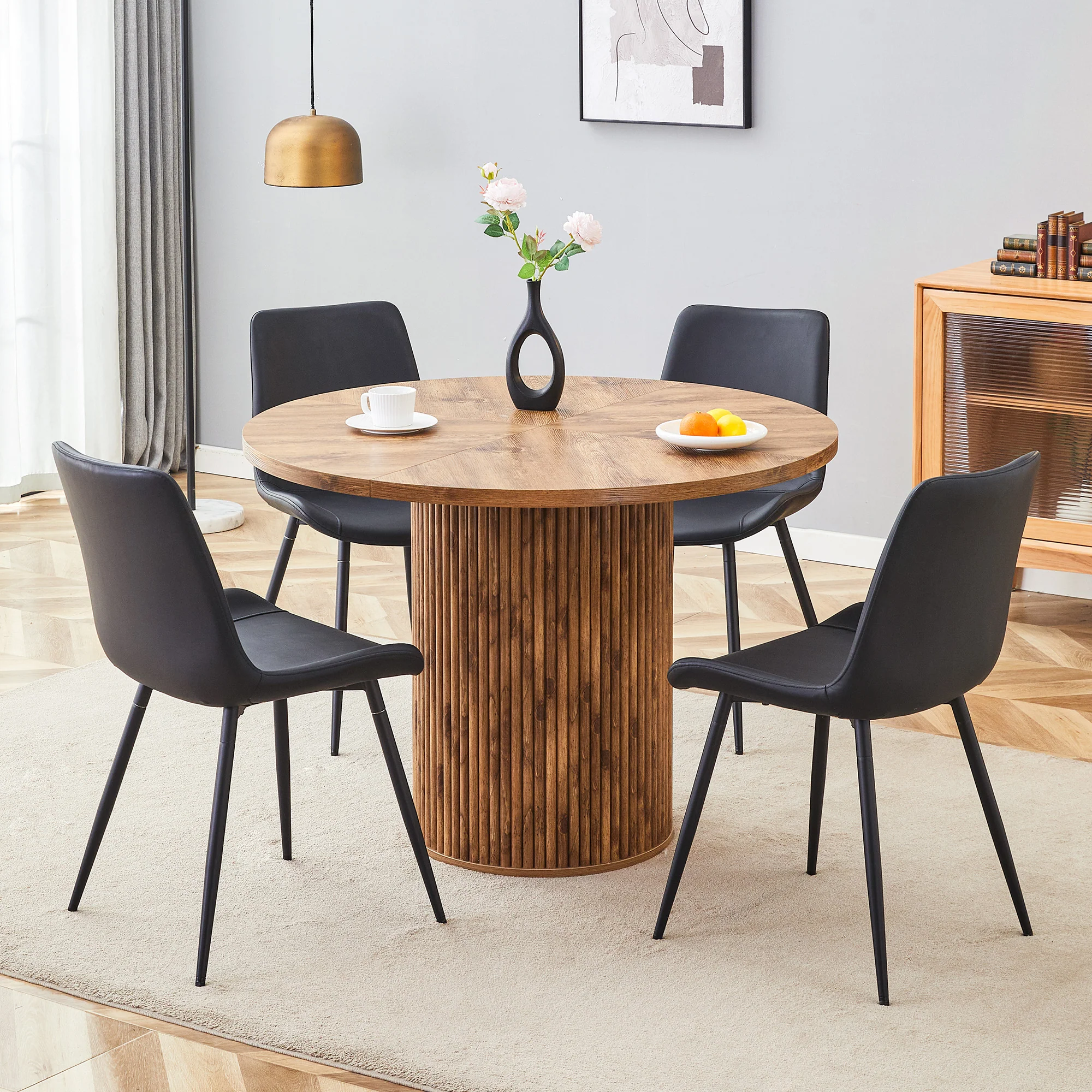 Round Dining Set 100cm Table 4 Faux Leather Chairs - Wood Look/Black - Image 2
