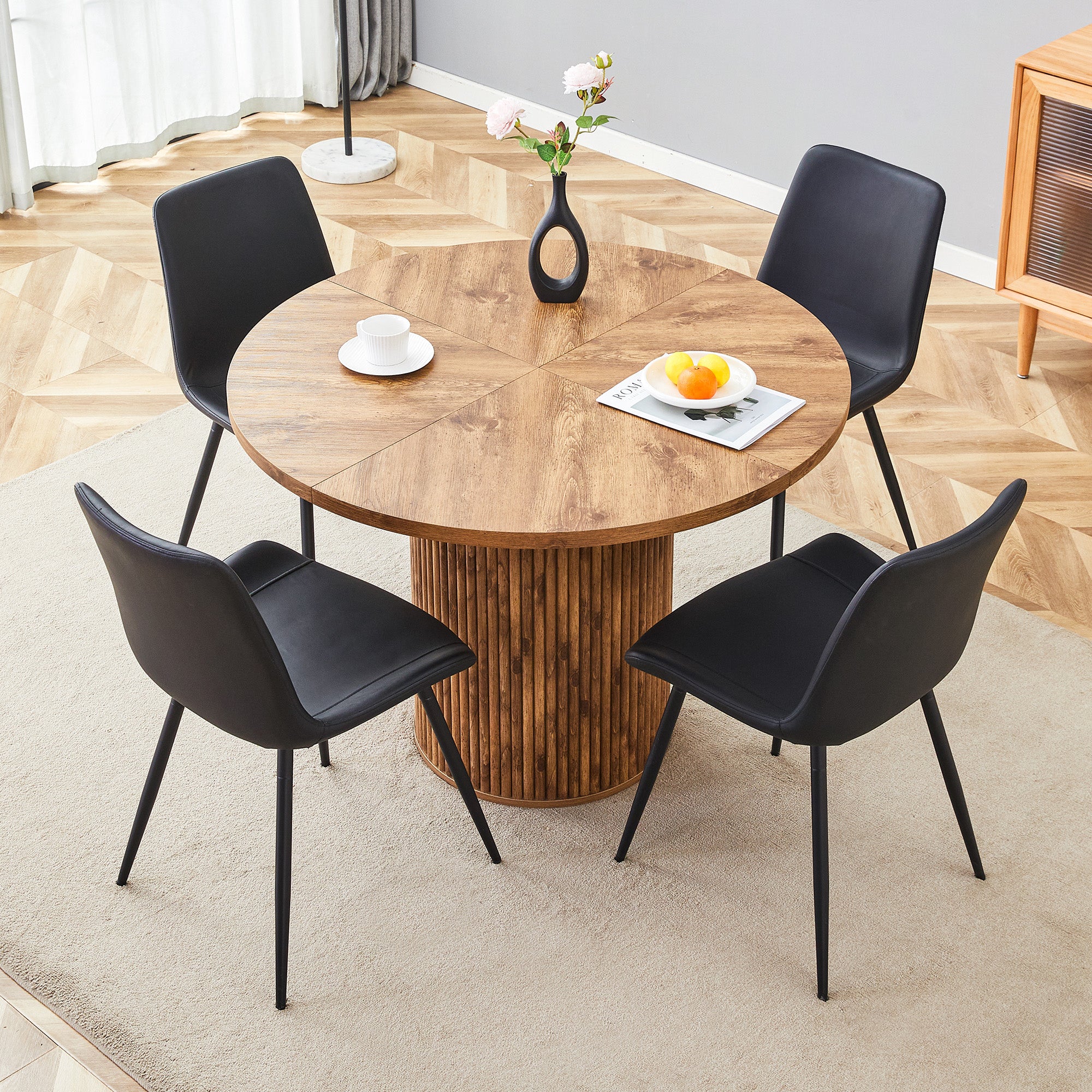 Round Dining Set 100cm Table 4 Faux Leather Chairs - Wood Look/Black - Image 3