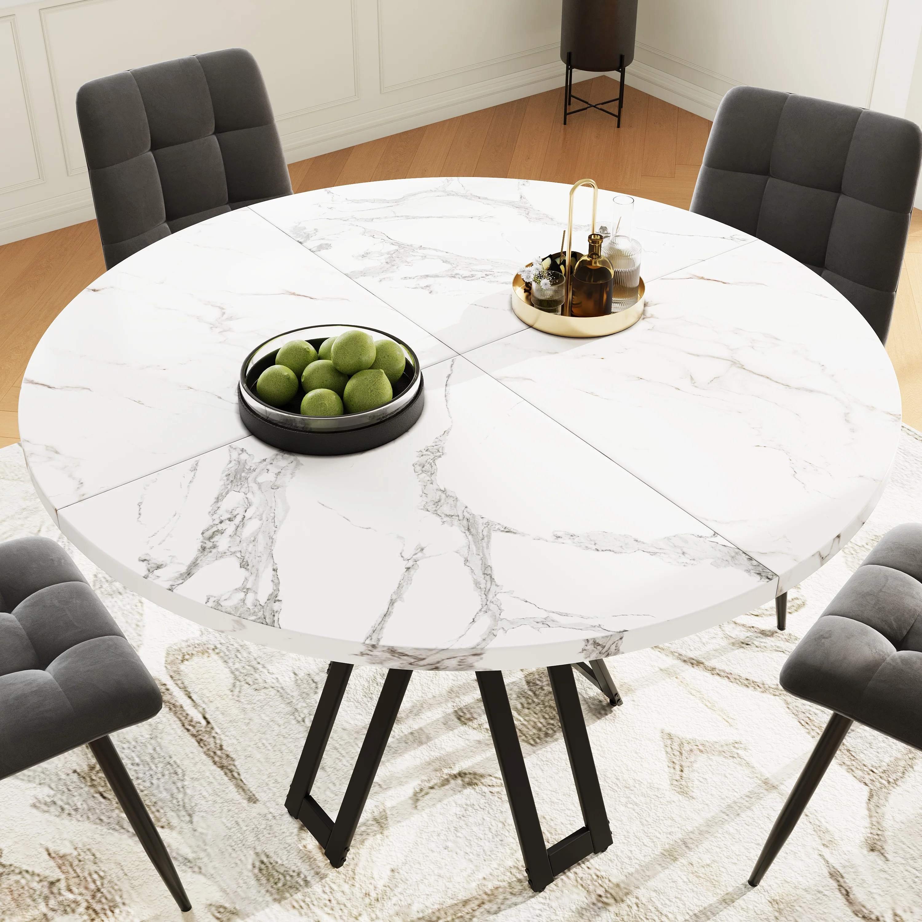 Round Dining Table 100cm 4-6 Seater - Black Legs Marbled MDF - Image 2