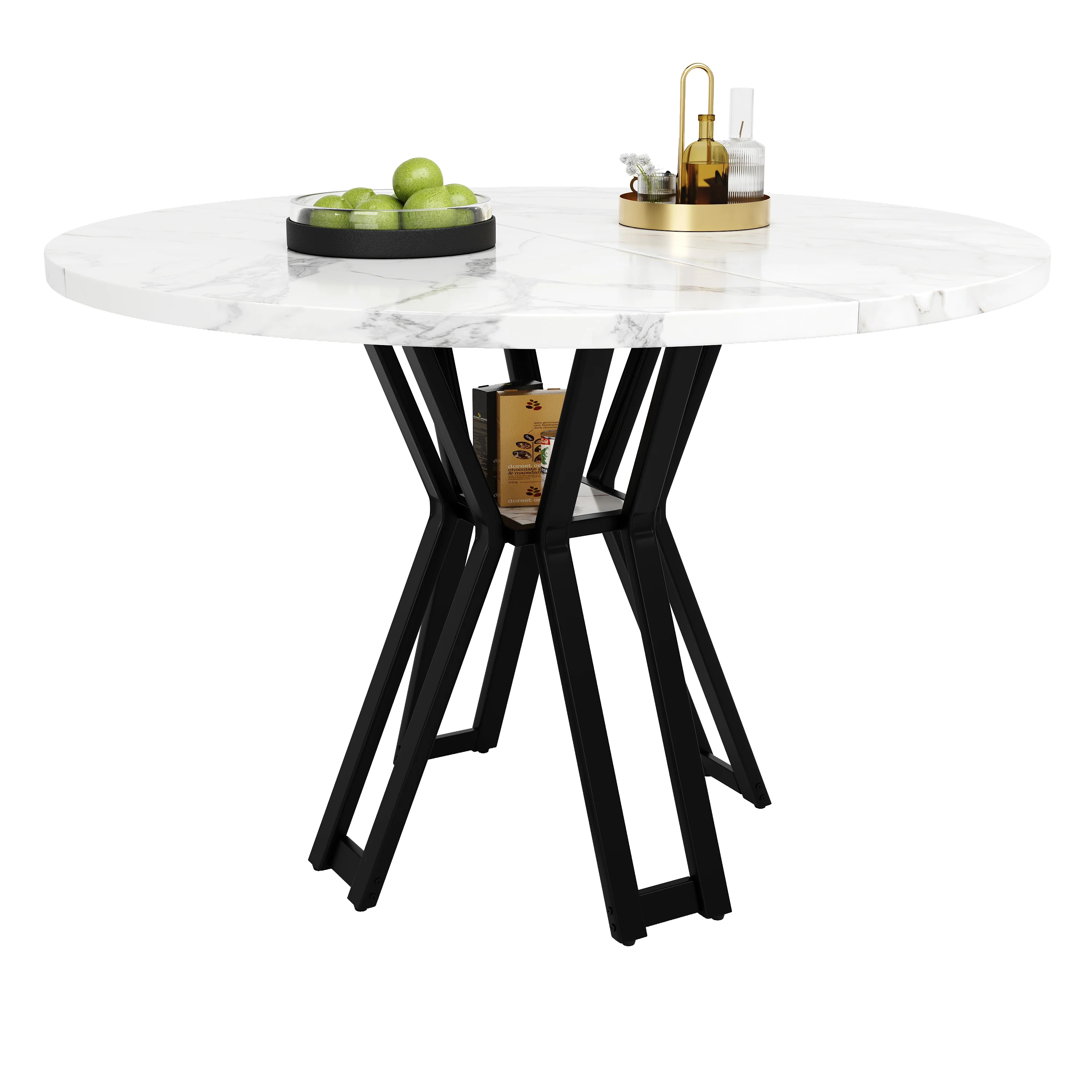 Round Dining Table 100cm 4-6 Seater - Black Legs Marbled MDF - Image 9