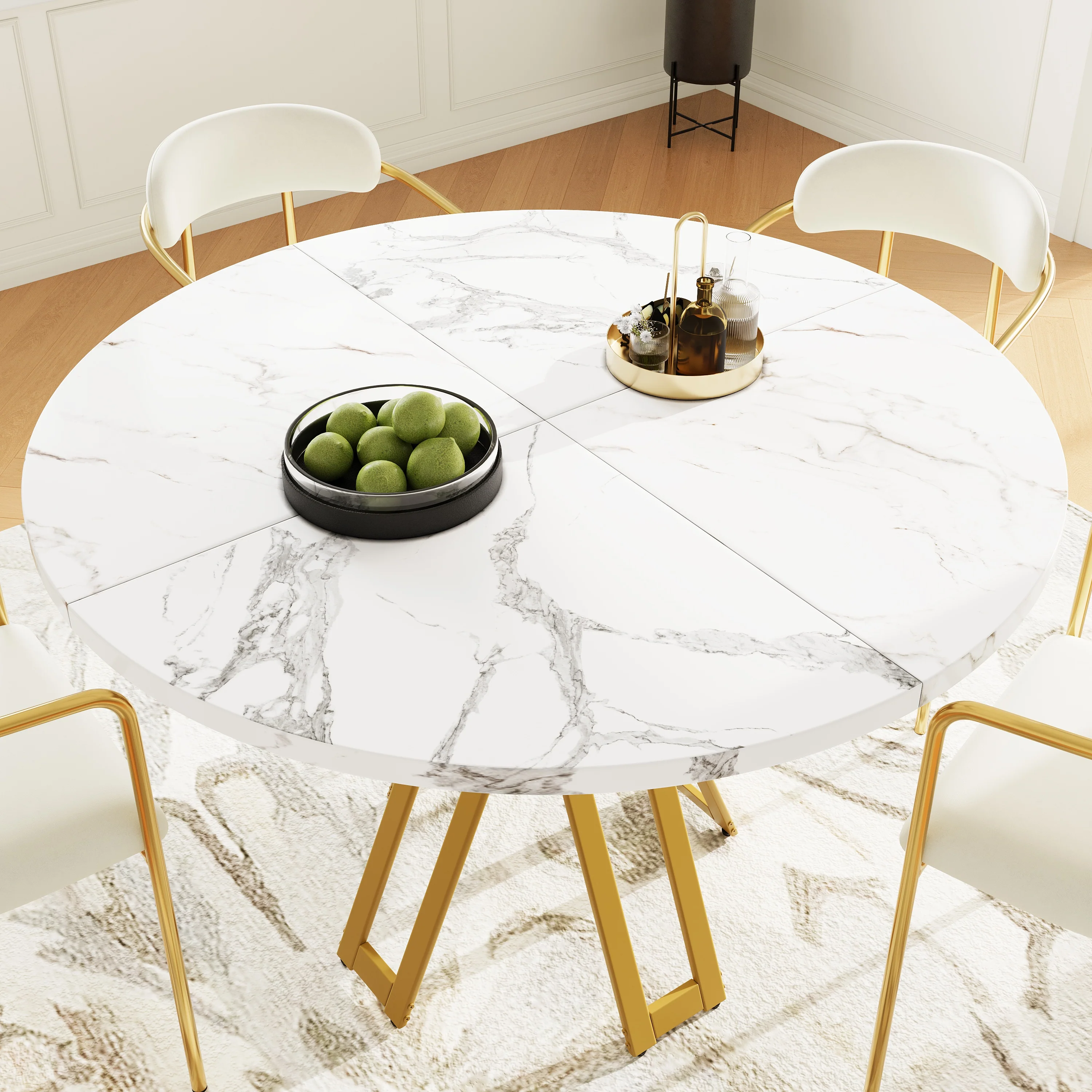 Round Dining Table 100cm 4-6 Seater Luxurious Gold Legs Marbled MDF - Image 2