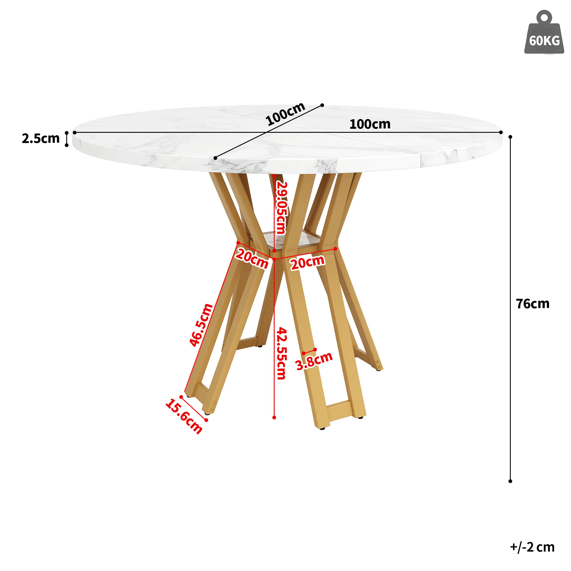 Round Dining Table 100cm 4-6 Seater Luxurious Gold Legs Marbled MDF - Image 3