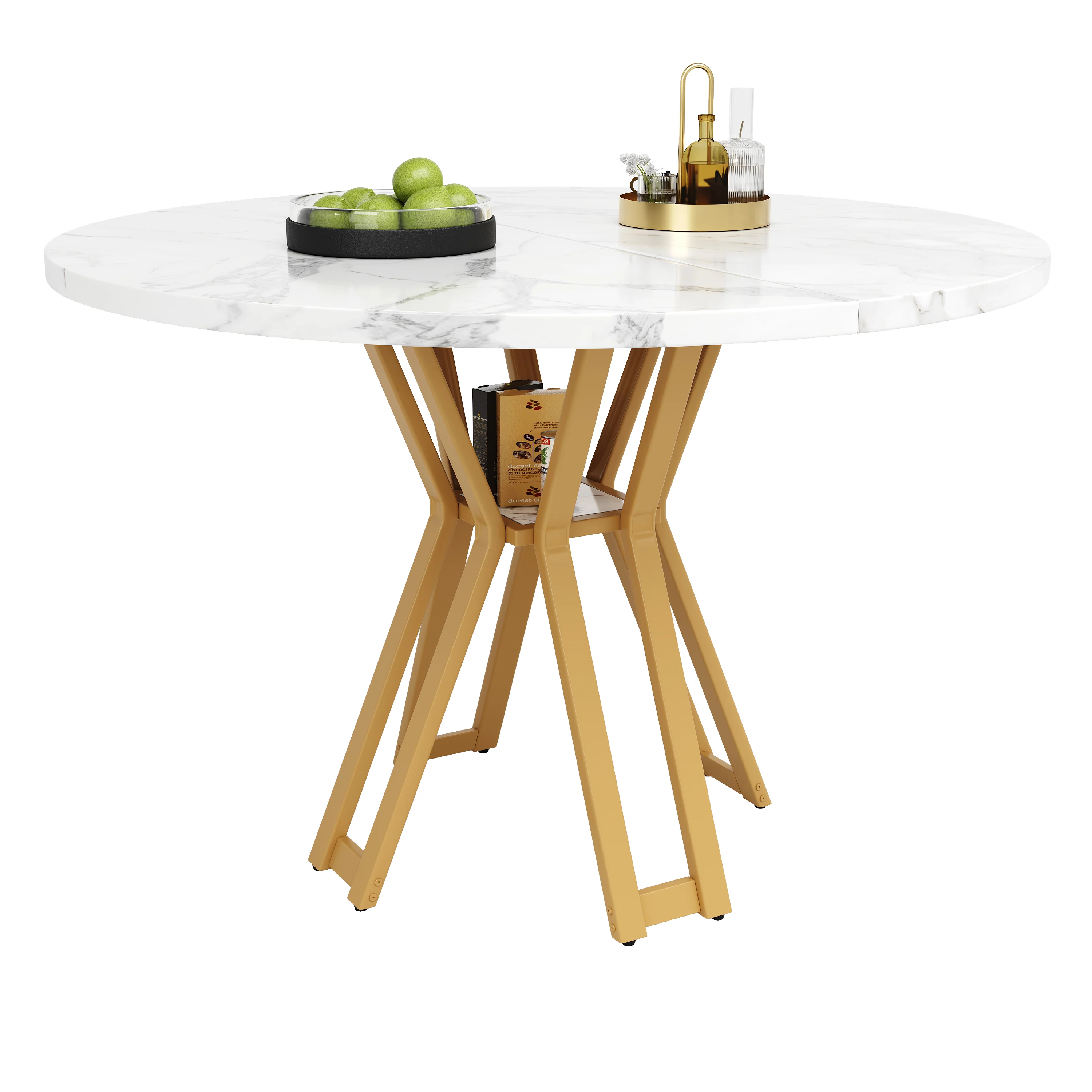 Round Dining Table 100cm 4-6 Seater Luxurious Gold Legs Marbled MDF - Image 9