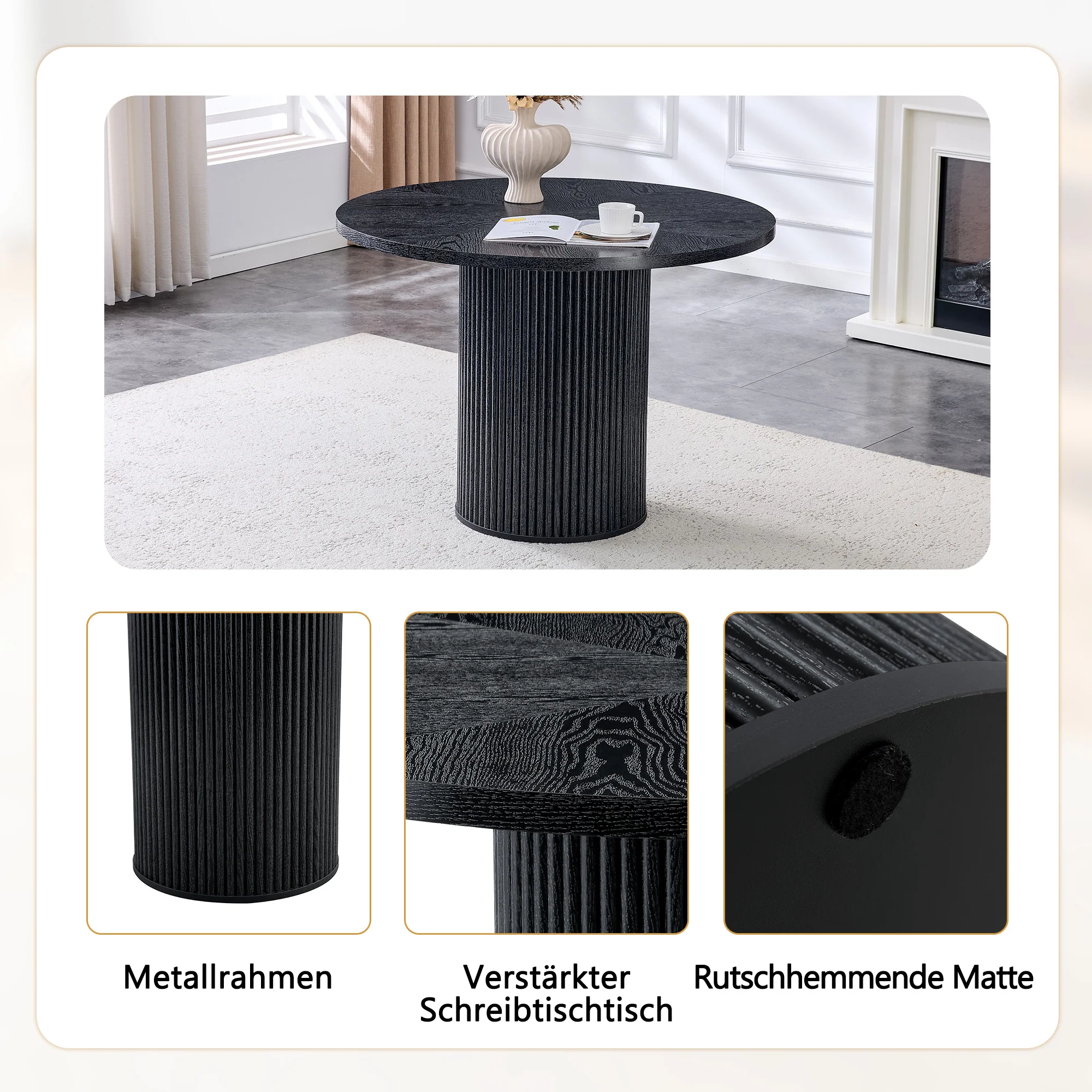 Round Dining Table 100cm 4-6 Seater Storage Base - Black MDF - Image 5