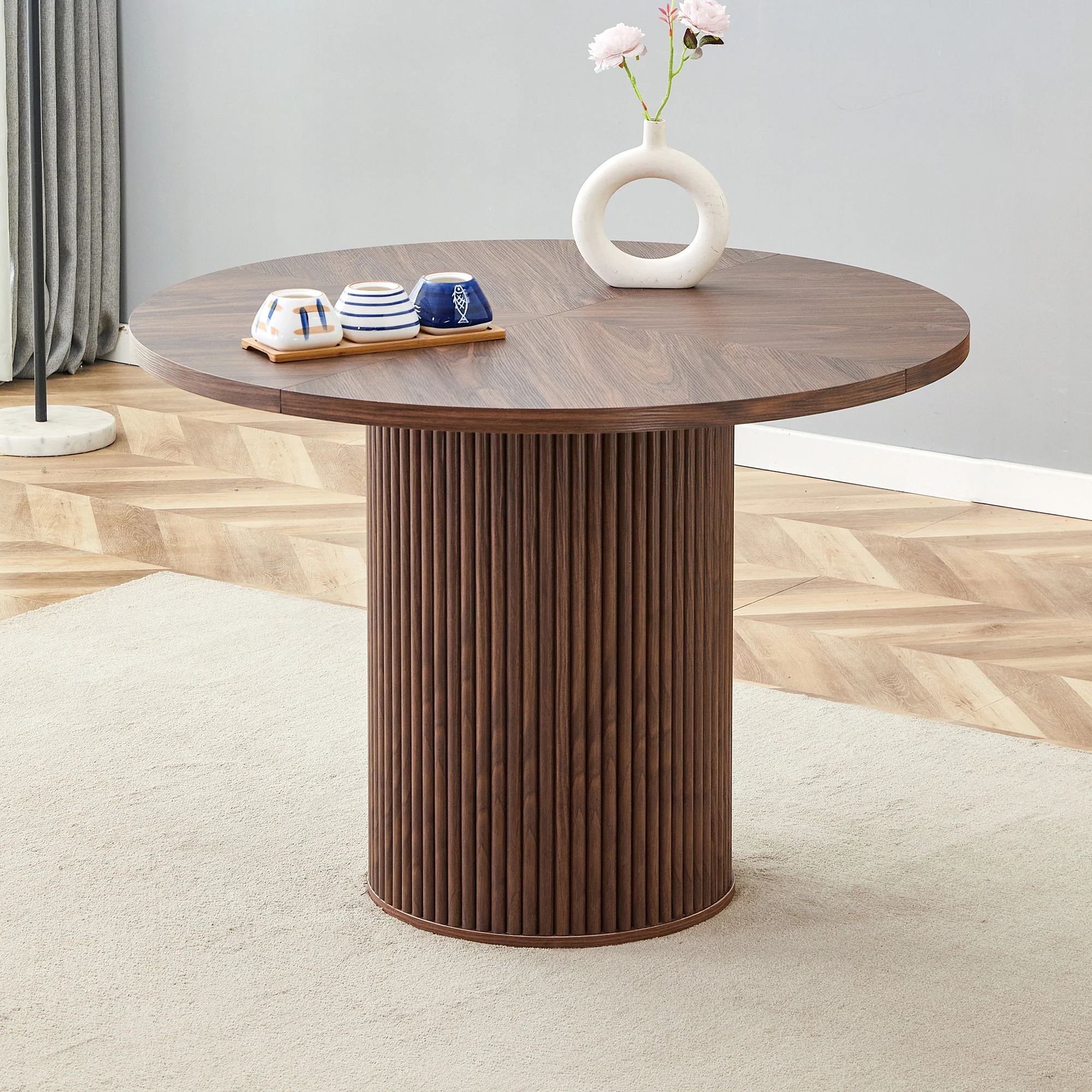Round Dining Table 100cm 4-6 Seater Storage Cylindrical Leg - Walnut Look MDF - Image 2