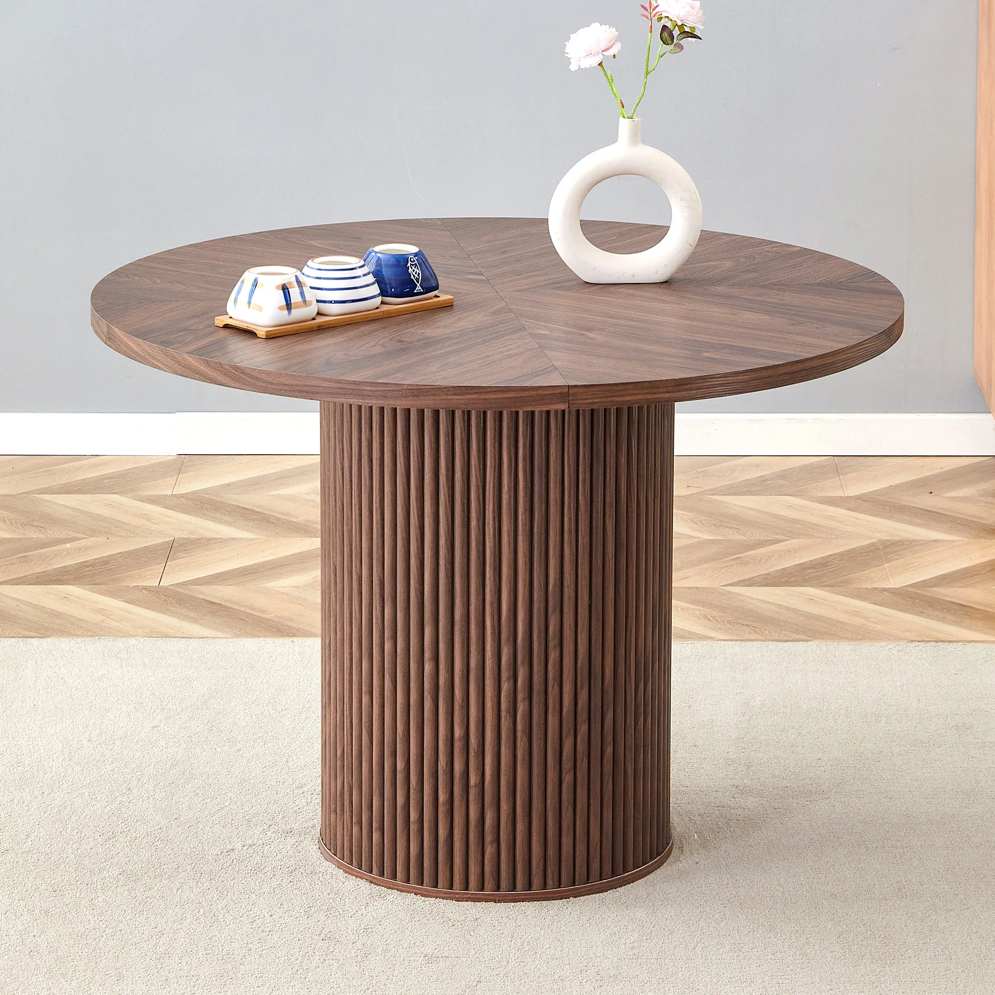 Round Dining Table 100cm 4-6 Seater Storage Cylindrical Leg - Walnut Look MDF - Image 3