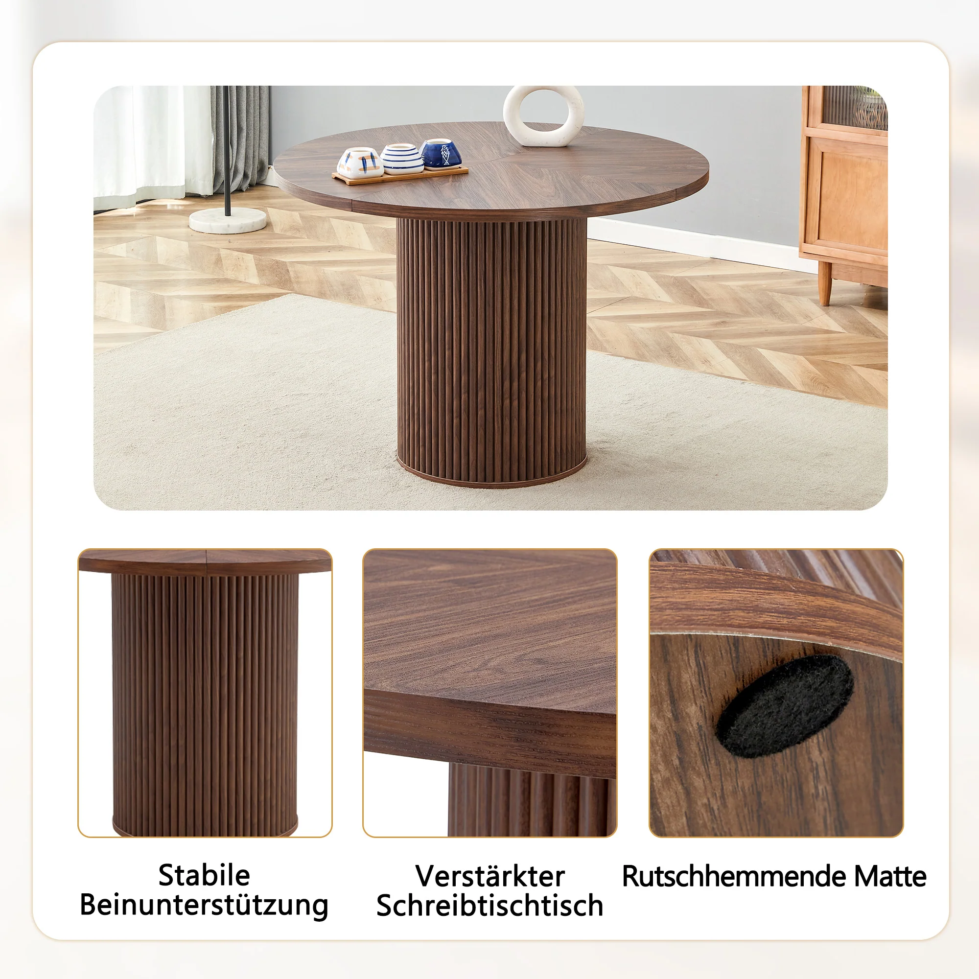 Round Dining Table 100cm 4-6 Seater Storage Cylindrical Leg - Walnut Look MDF - Image 6