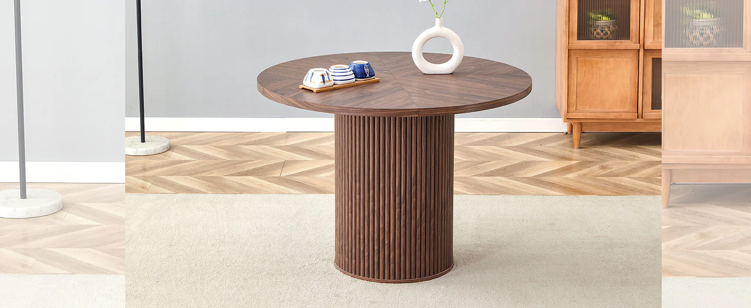 Round Dining Table 100cm 4-6 Seater Storage Cylindrical Leg - Walnut Look MDF - Image 8