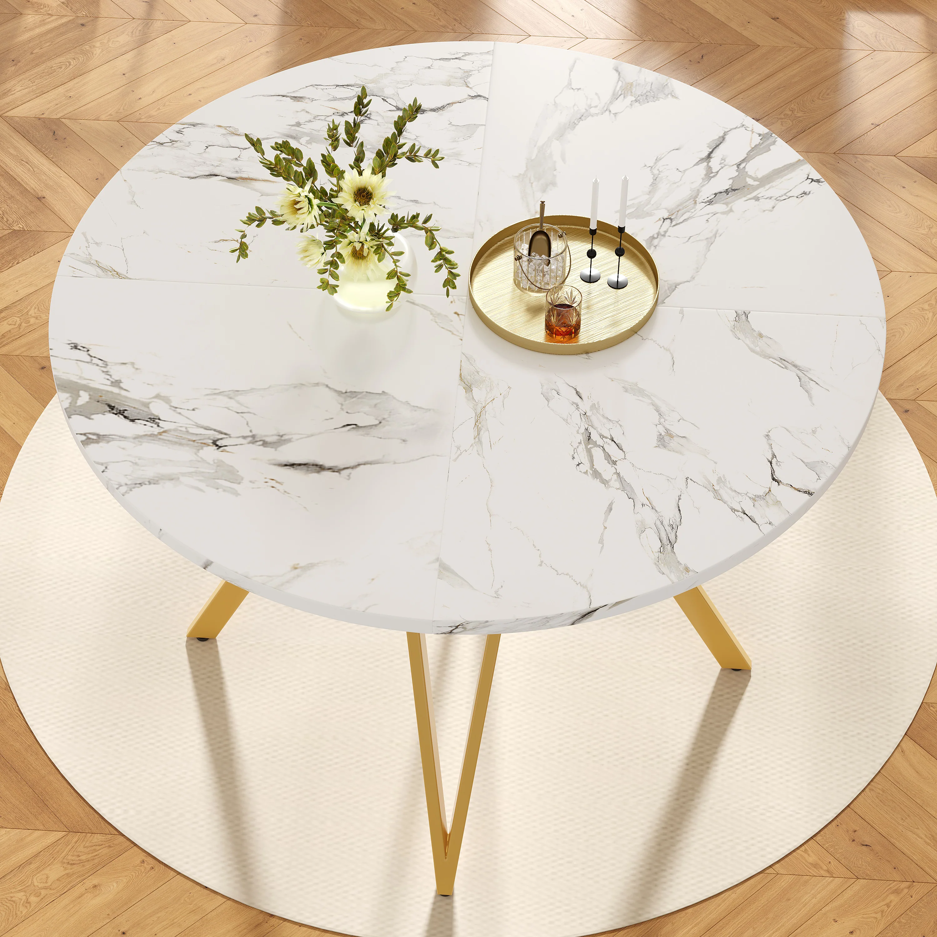 Round Dining Table 100cm 4-Seater Metal Legs MDF Marble Top - Gold - Image 2