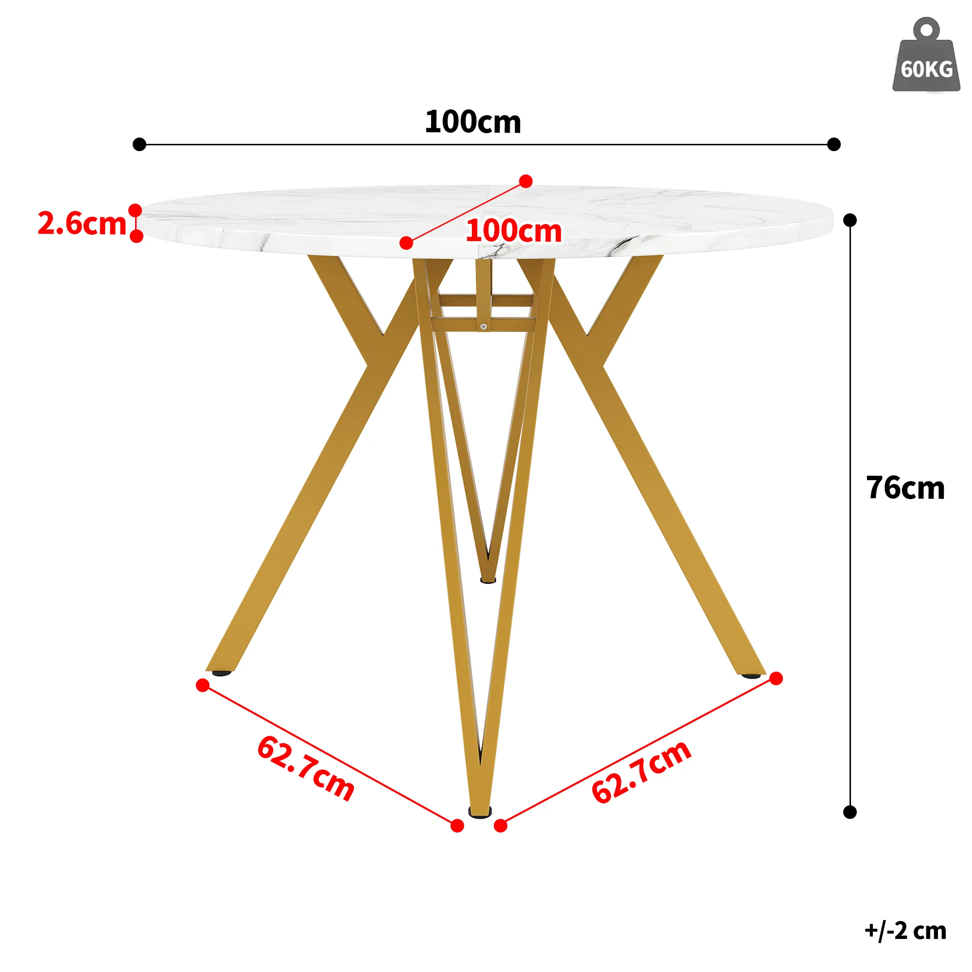 Round Dining Table 100cm 4-Seater Metal Legs MDF Marble Top - Gold - Image 3