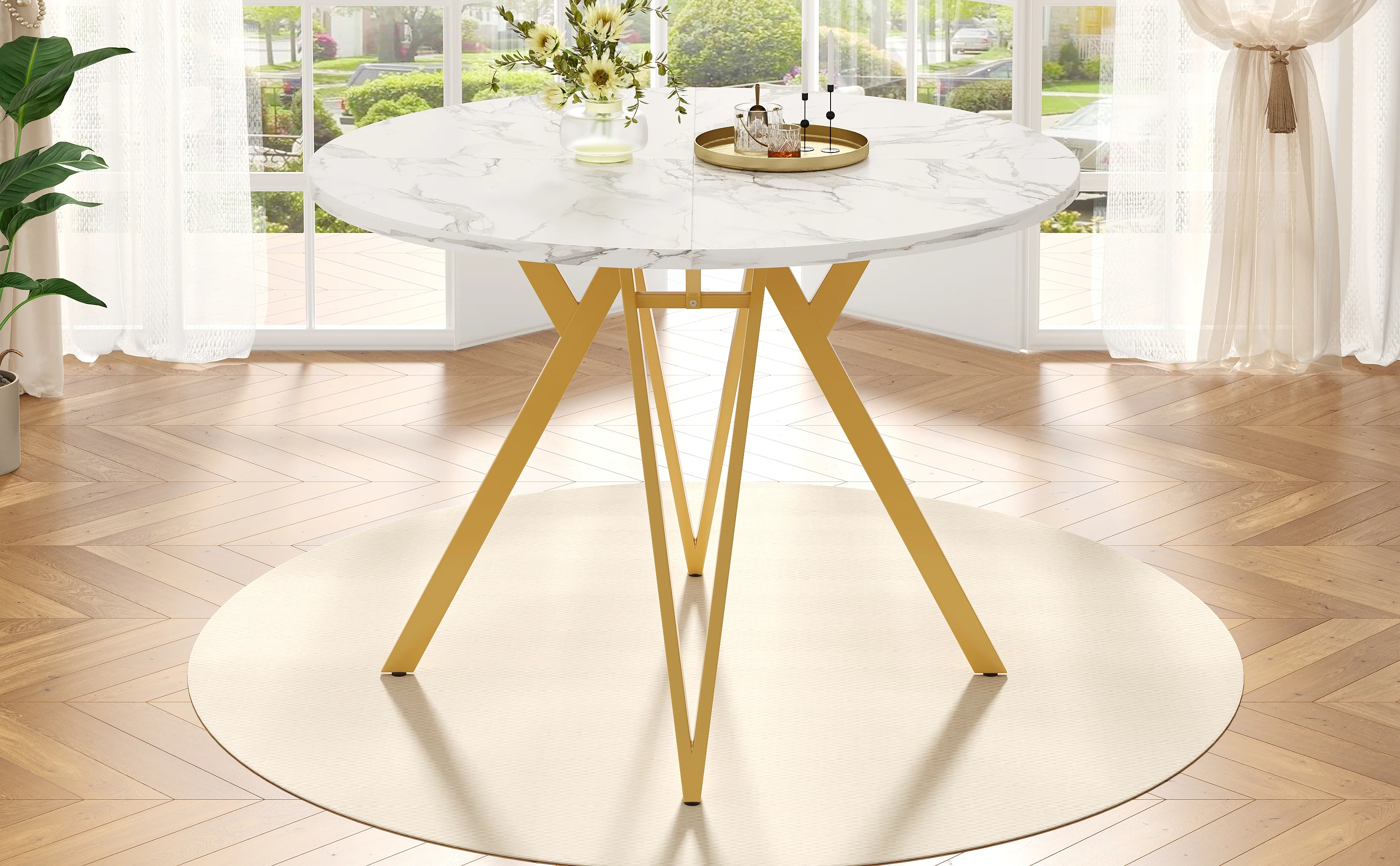 Round Dining Table 100cm 4-Seater Metal Legs MDF Marble Top - Gold - Image 4