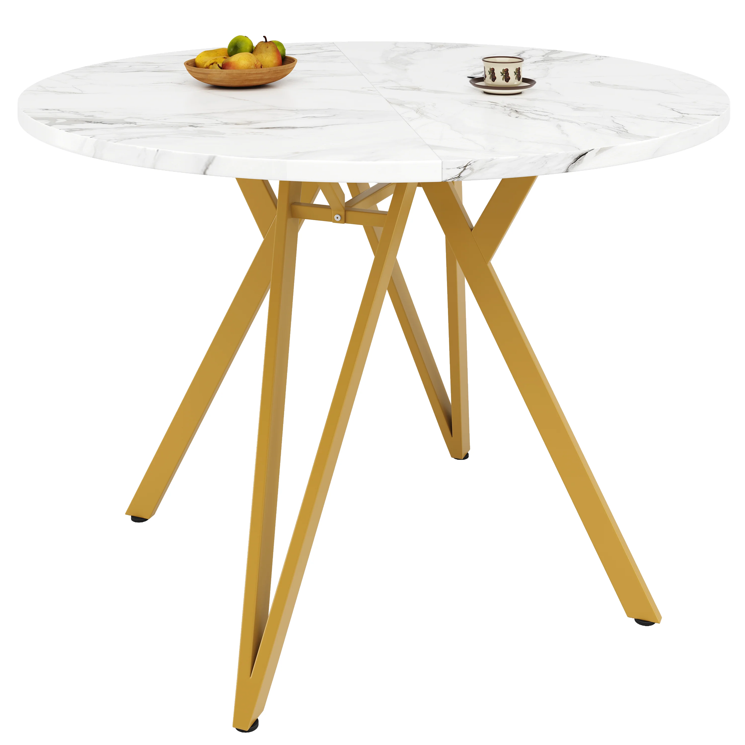 Round Dining Table 100cm 4-Seater Metal Legs MDF Marble Top - Gold - Image 7