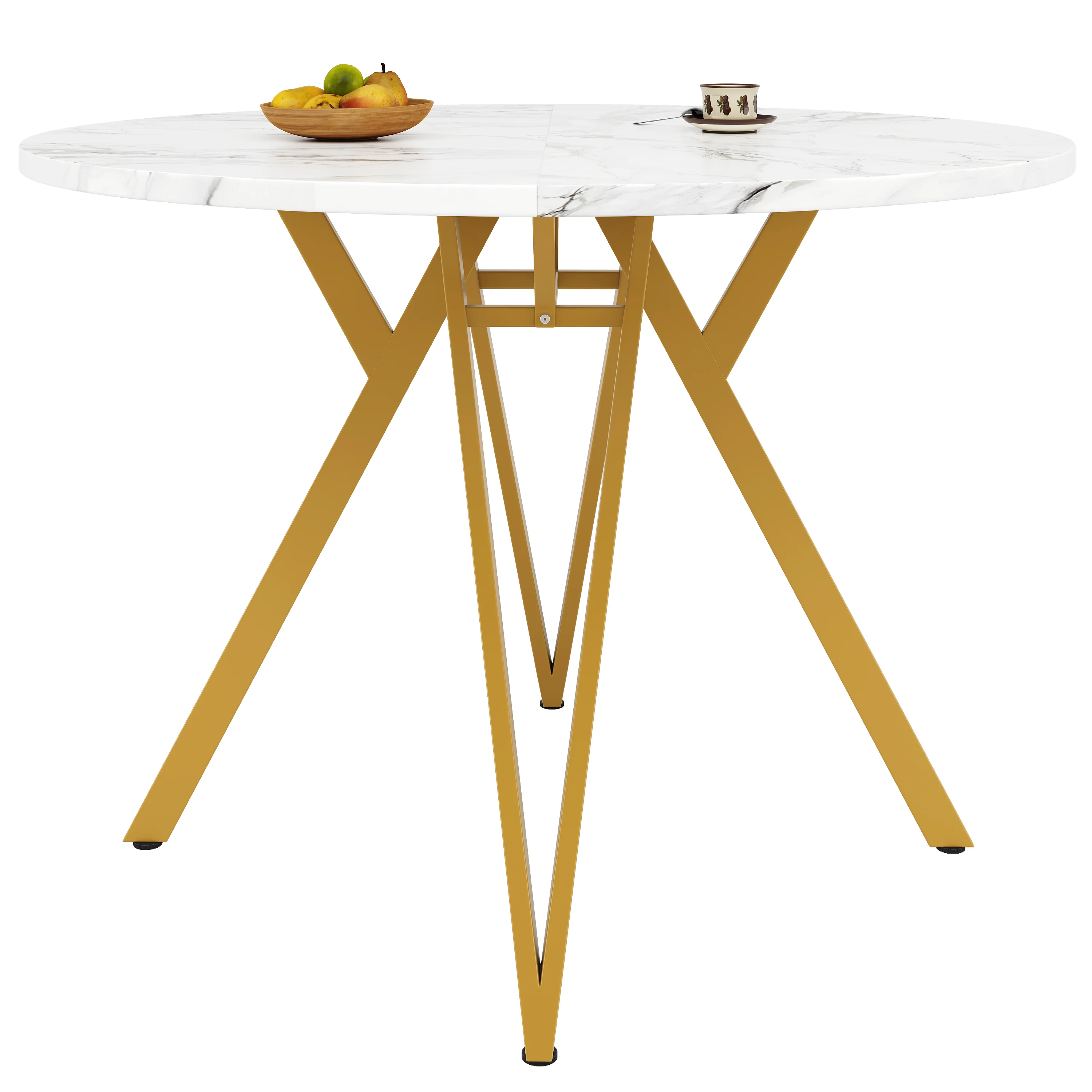 Round Dining Table 100cm 4-Seater Metal Legs MDF Marble Top - Gold - Image 8