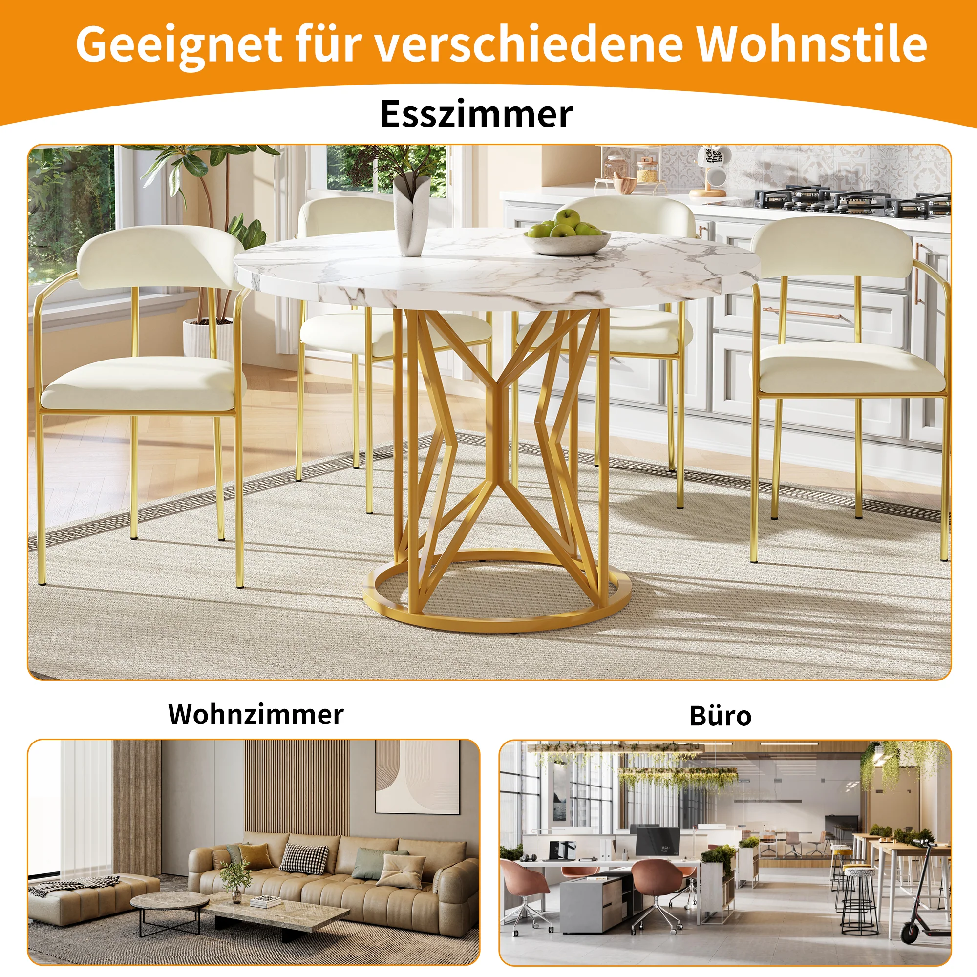Round Dining Table 100cm Marbled MDF Geometric Metal Legs - Gold Accents - Image 10