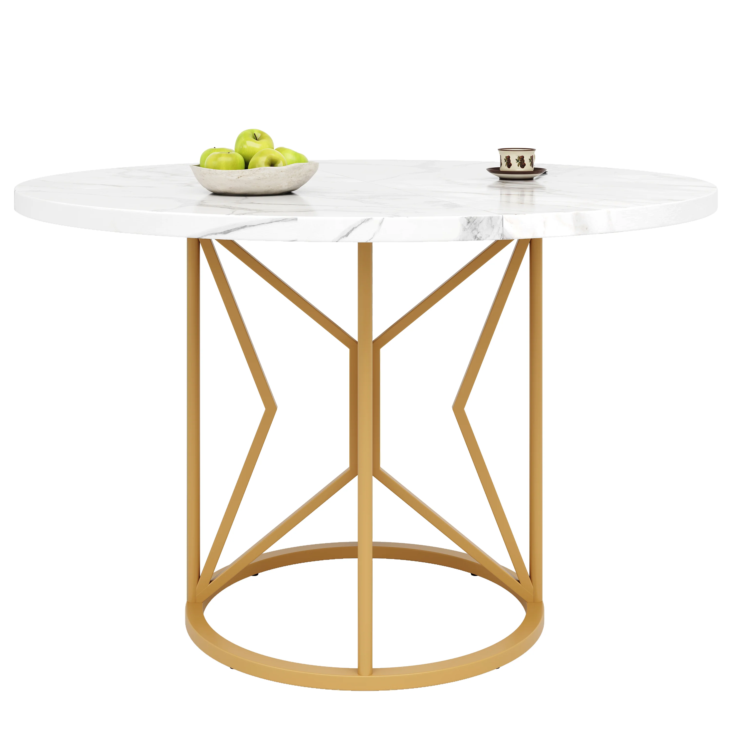 Round Dining Table 100cm Marbled MDF Geometric Metal Legs - Gold Accents - Image 3