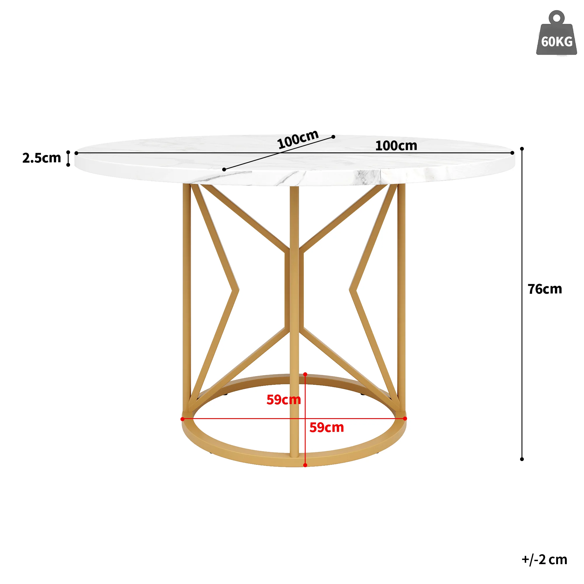 Round Dining Table 100cm Marbled MDF Geometric Metal Legs - Gold Accents - Image 5