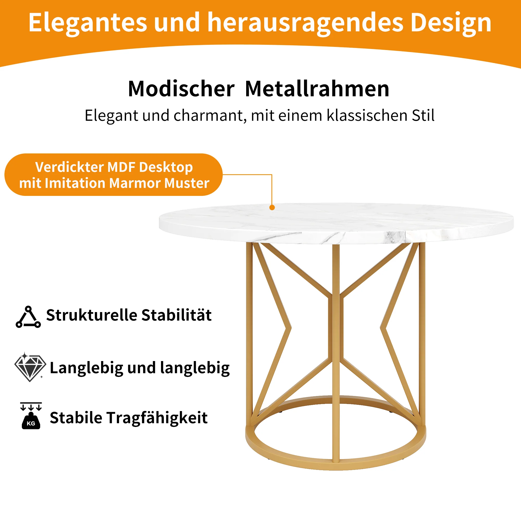 Round Dining Table 100cm Marbled MDF Geometric Metal Legs - Gold Accents - Image 9