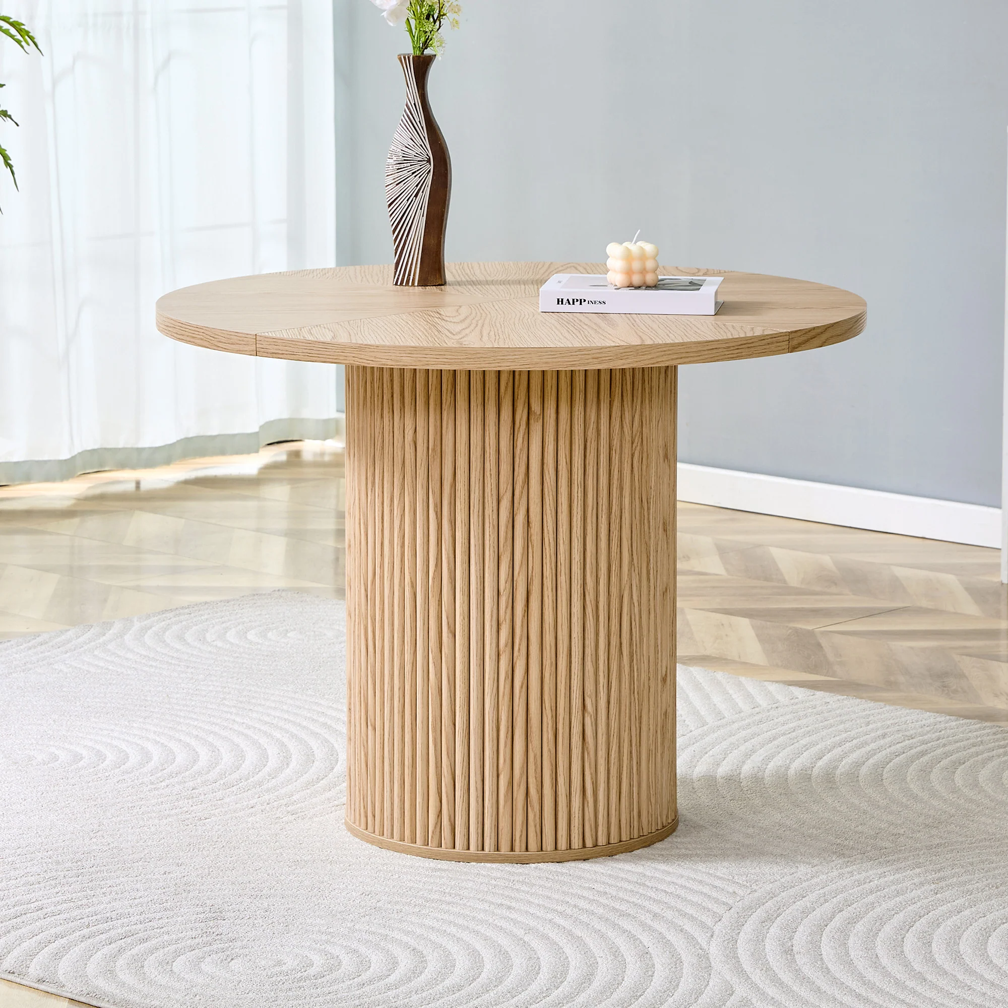 Round Dining Table 100cm MDF Storage 4-6 Seater - Light Wood Look