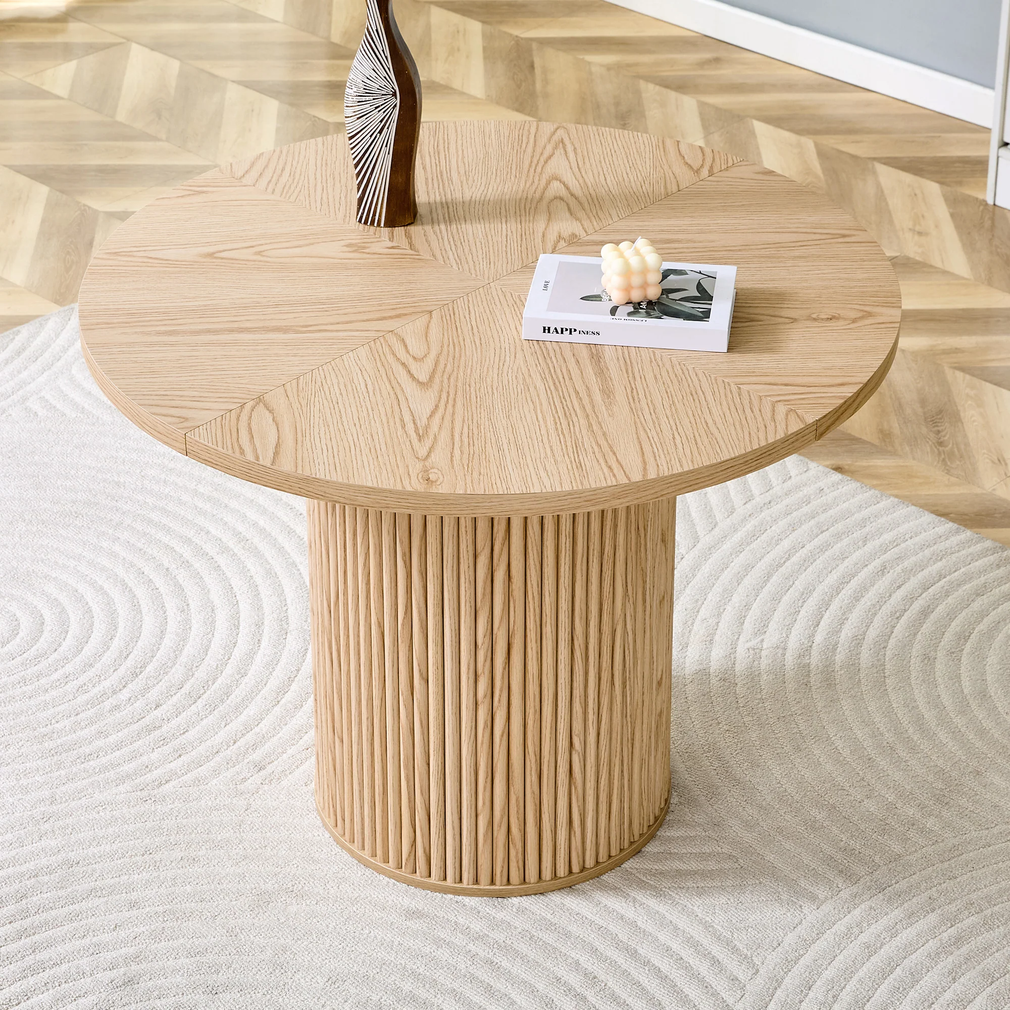 Round Dining Table 100cm MDF Storage 4-6 Seater - Light Wood Look - Image 2