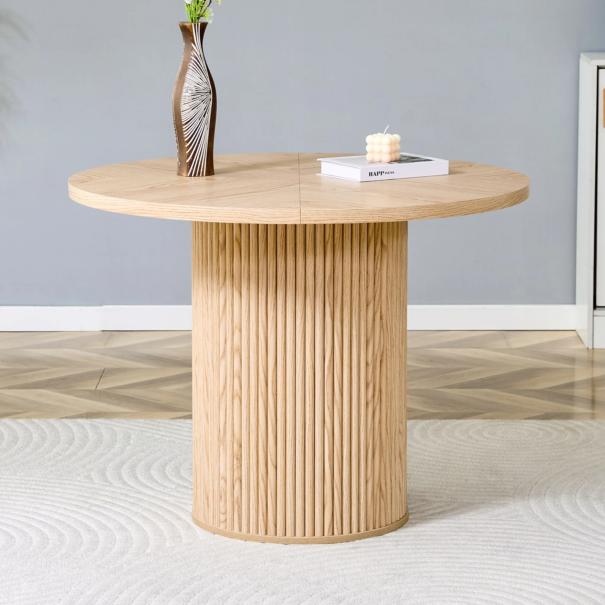 Round Dining Table 100cm MDF Storage 4-6 Seater - Light Wood Look - Image 3