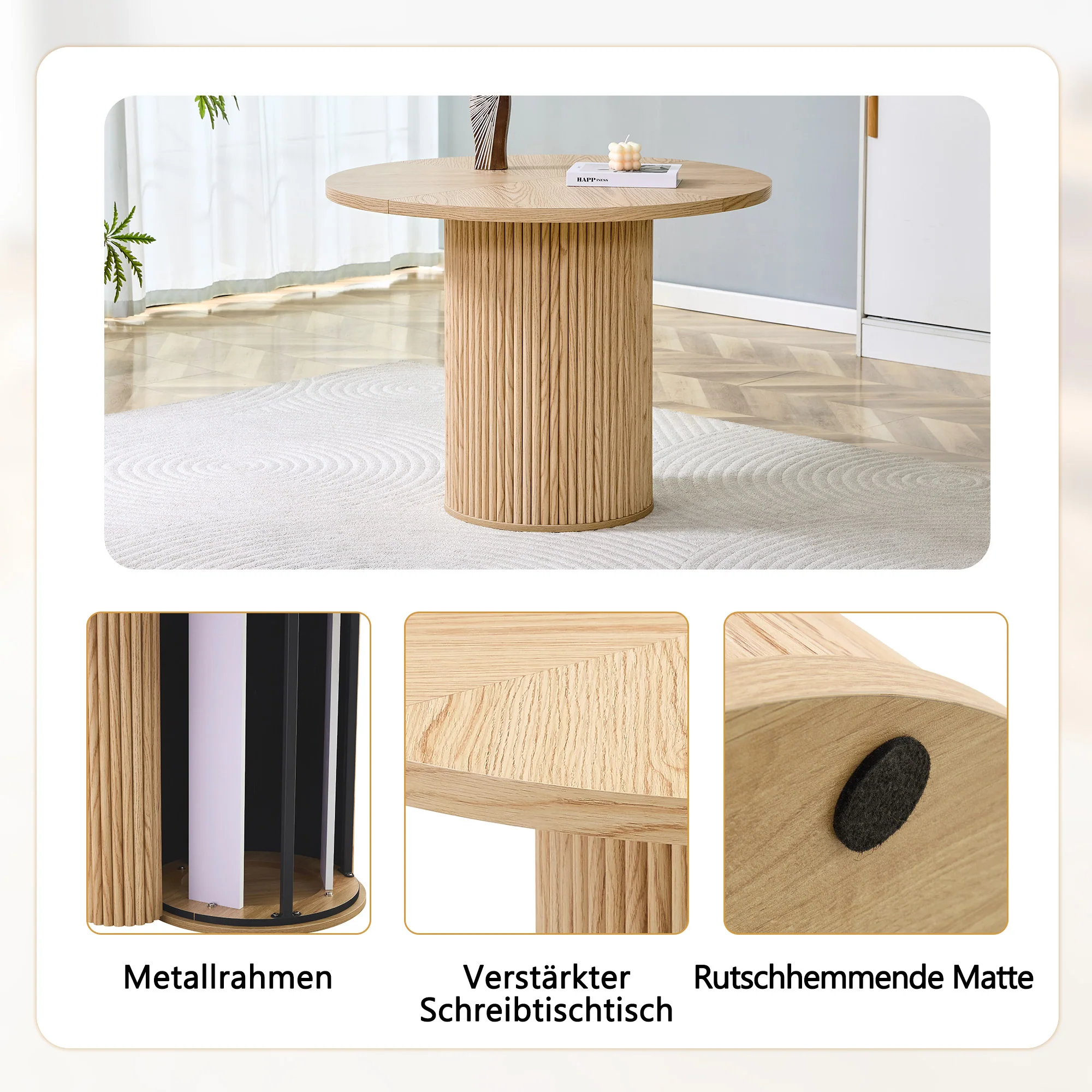 Round Dining Table 100cm MDF Storage 4-6 Seater - Light Wood Look - Image 7