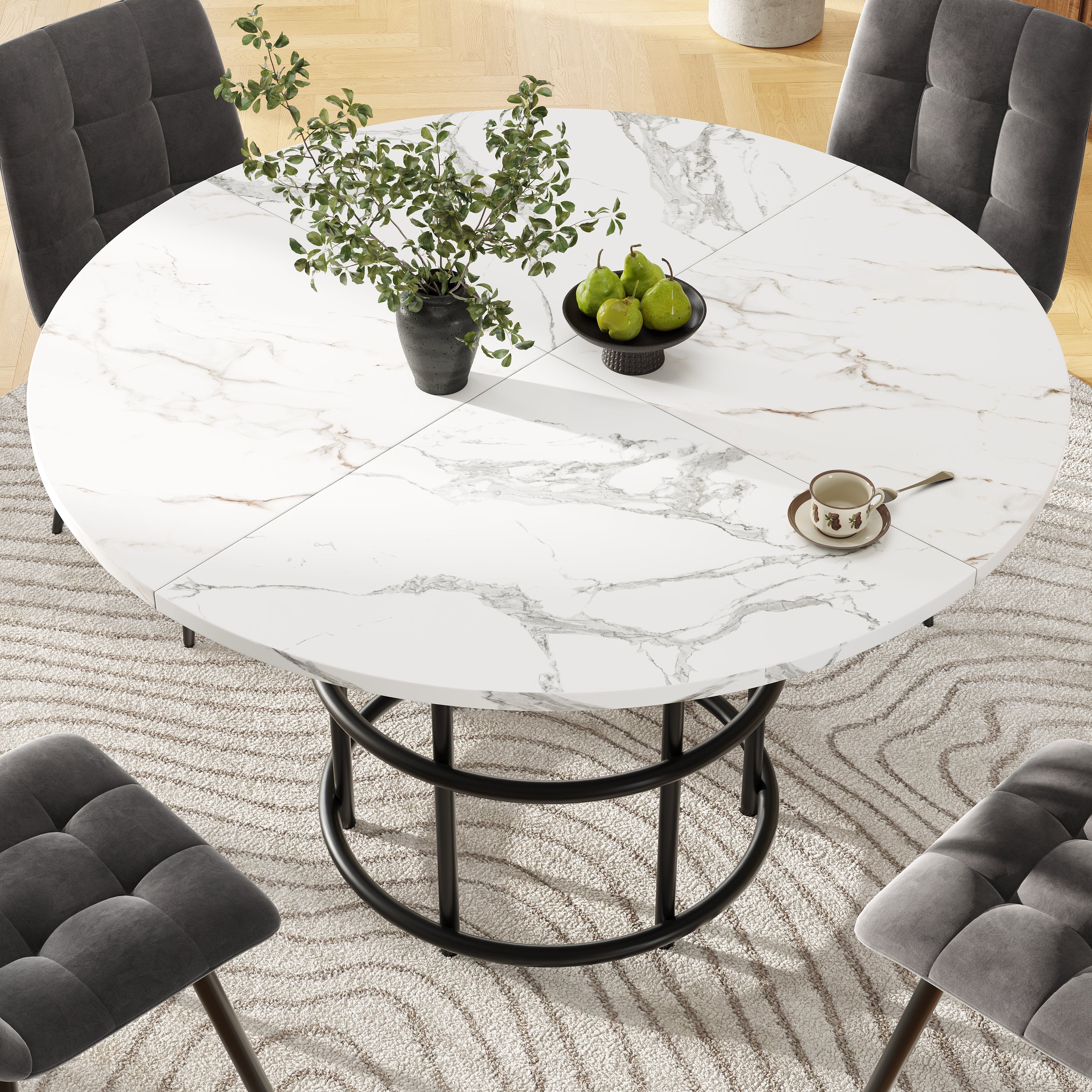 Round Dining Table 100x100cm 4-6 Seater Marbled MDF Metal Legs - Black - Image 2