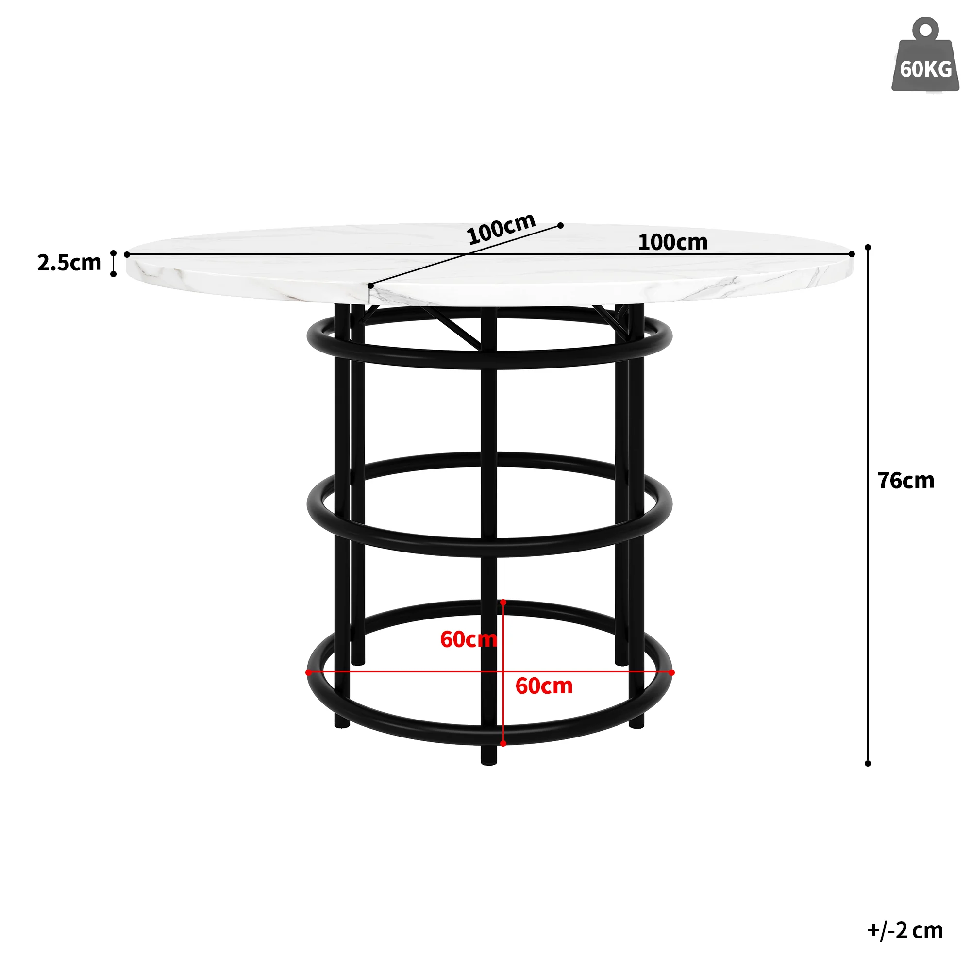 Round Dining Table 100x100cm 4-6 Seater Marbled MDF Metal Legs - Black - Image 7