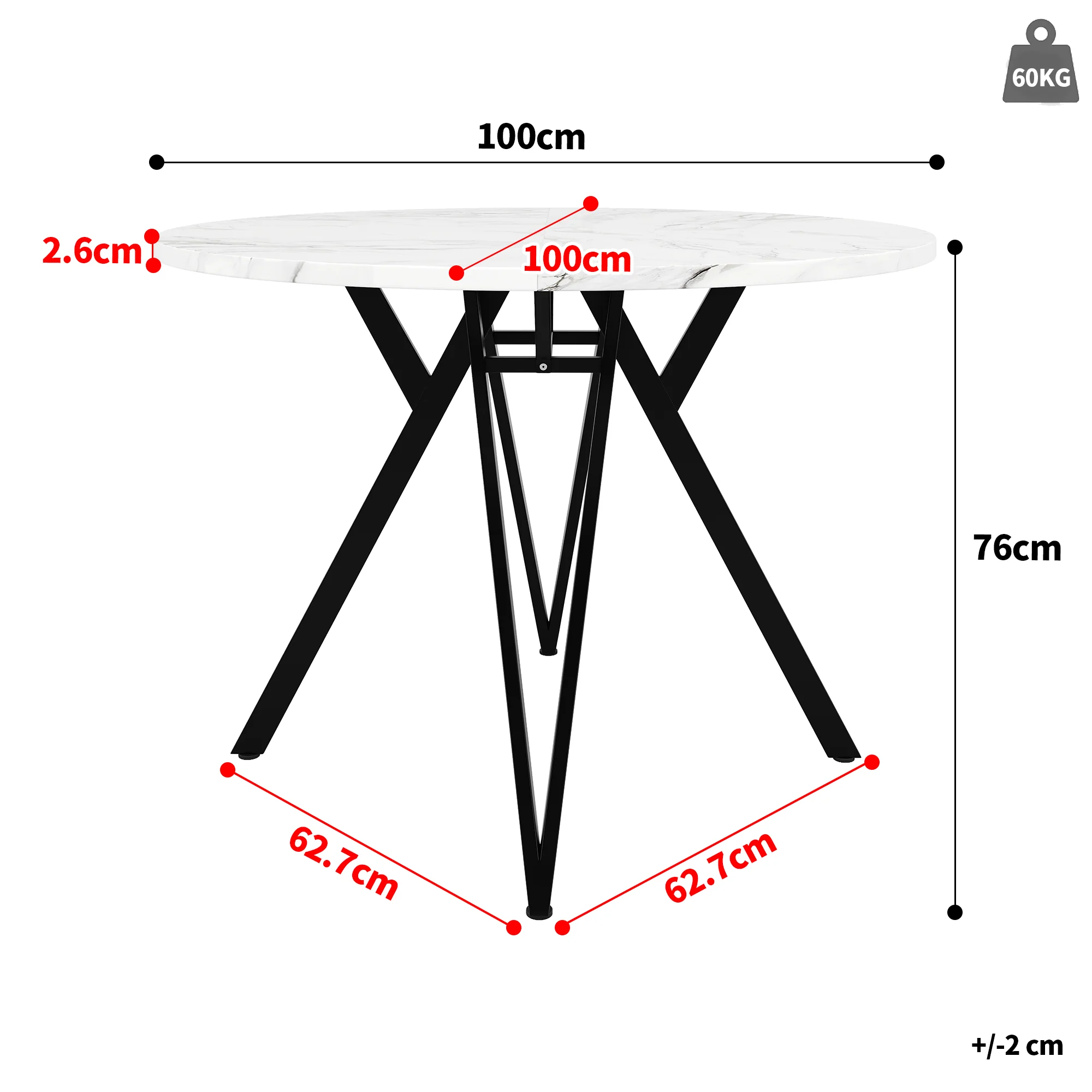 Round Dining Table 100x100cm 4-Seater Metal Legs MDF Marble Top - Black - Image 8