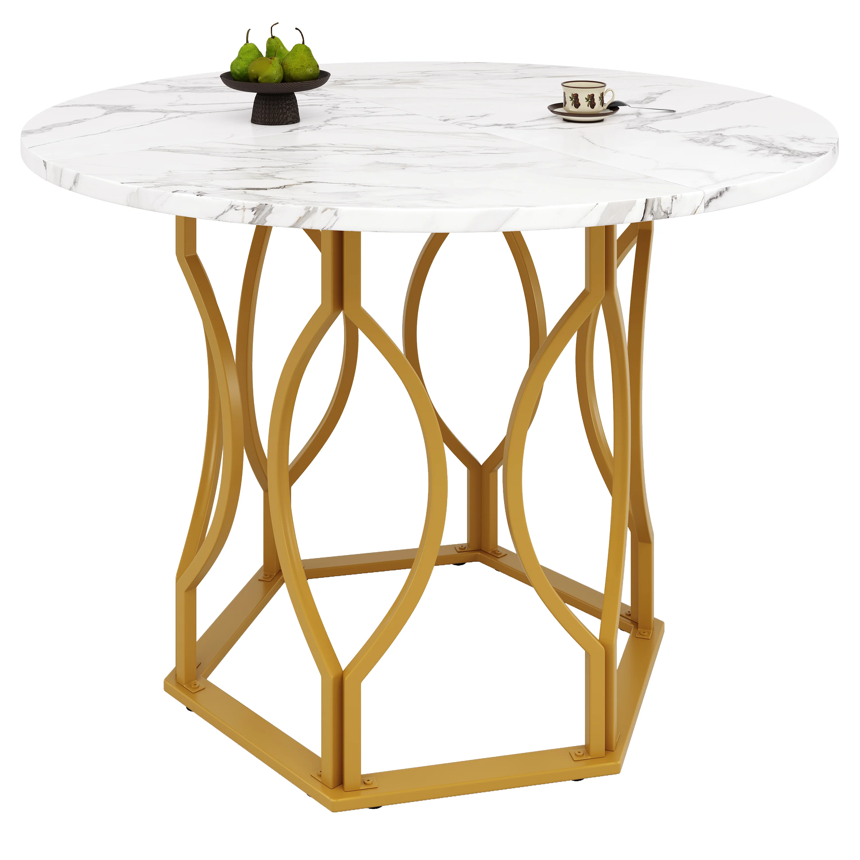 Round Dining Table (100x100x76cm), 4-Seater, Metal Legs, MDF Marbled Tabletop, Golden Legs - Image 9