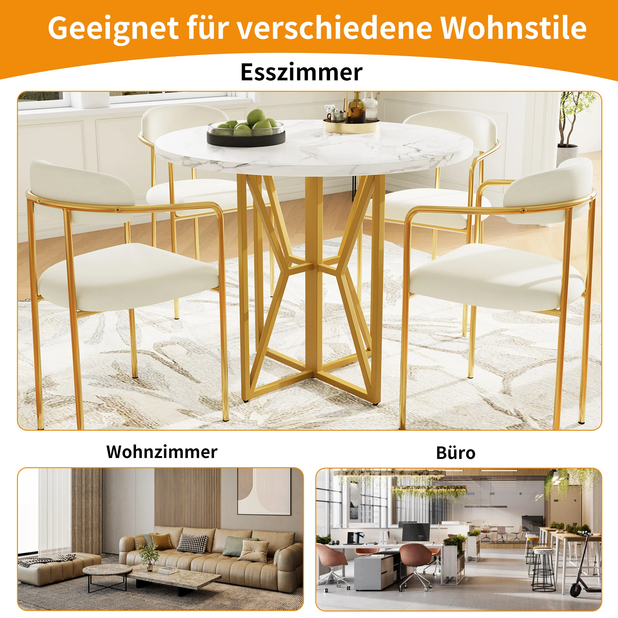 Round Dining Table 80cm 4-6 Seater Gold Legs - Marbled MDF - Image 10