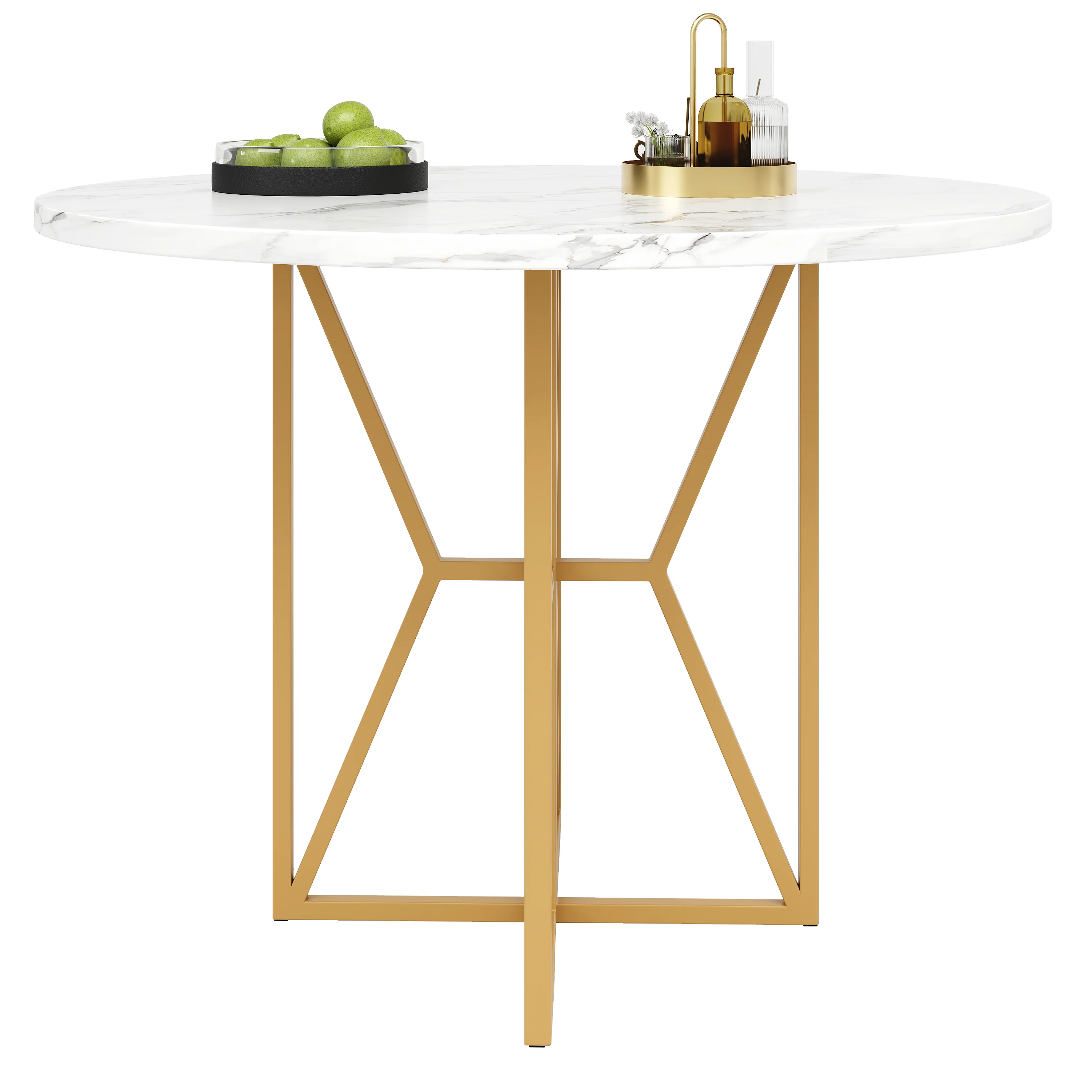 Round Dining Table 80cm 4-6 Seater Gold Legs - Marbled MDF - Image 5