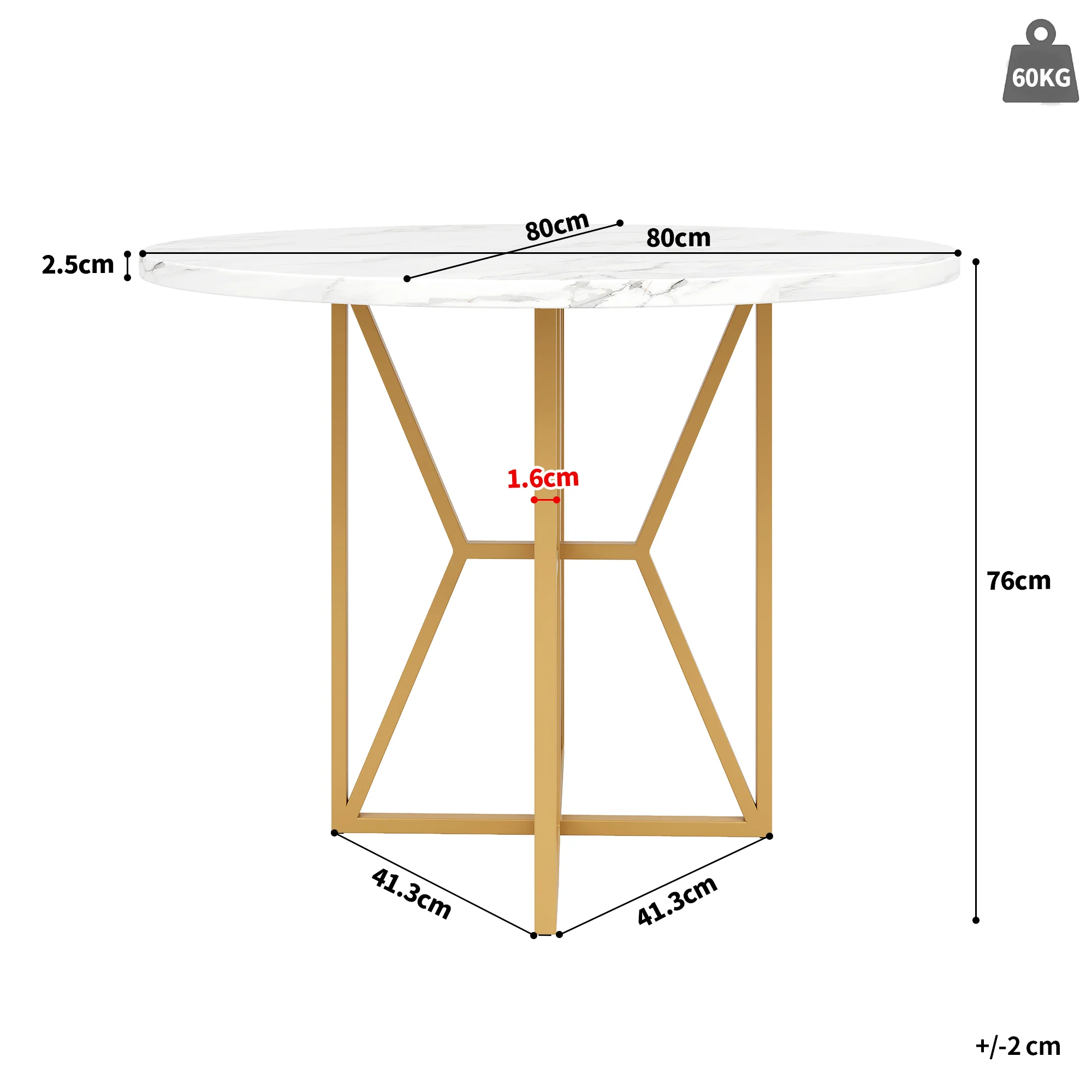 Round Dining Table 80cm 4-6 Seater Gold Legs - Marbled MDF - Image 7