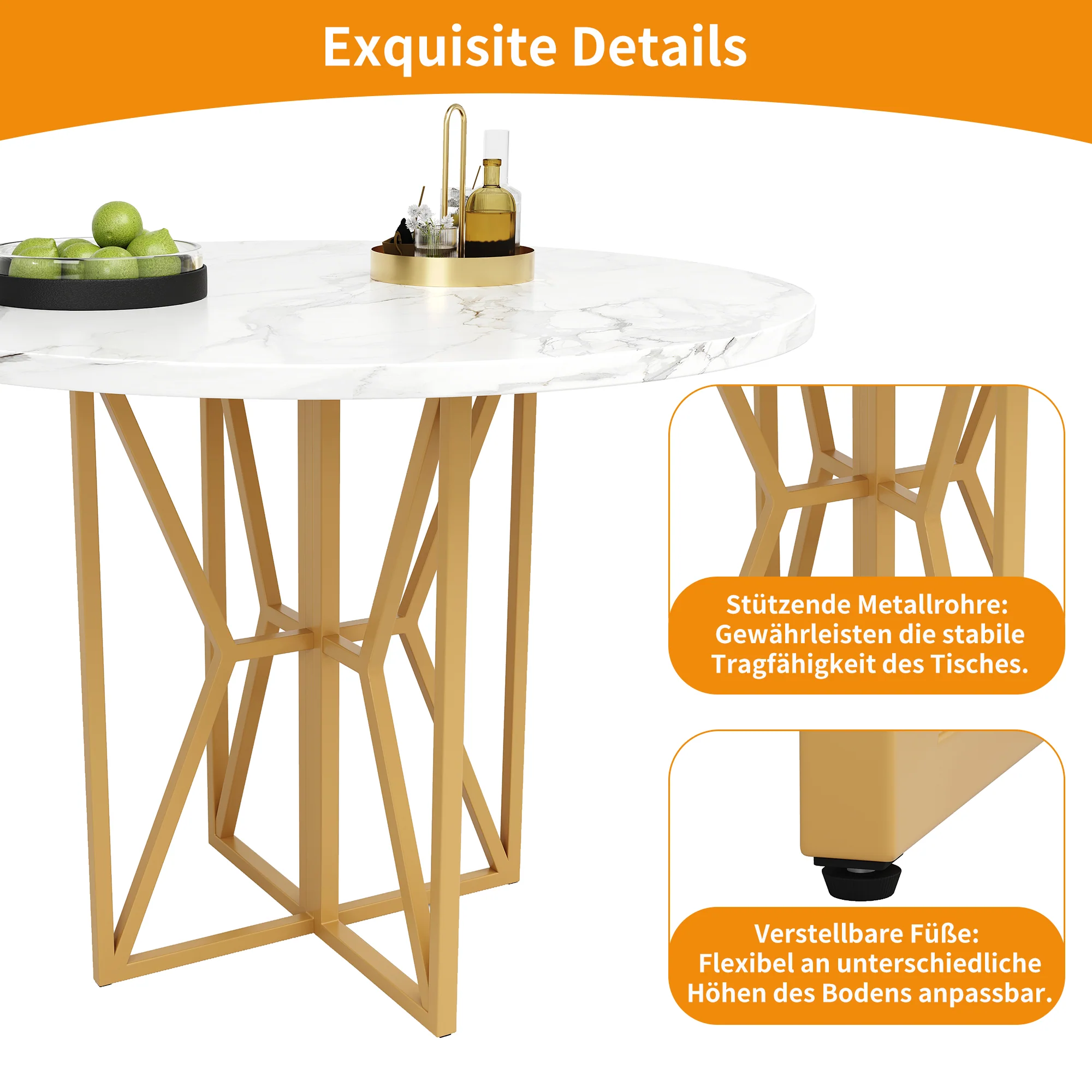 Round Dining Table 80cm 4-6 Seater Gold Legs - Marbled MDF - Image 9