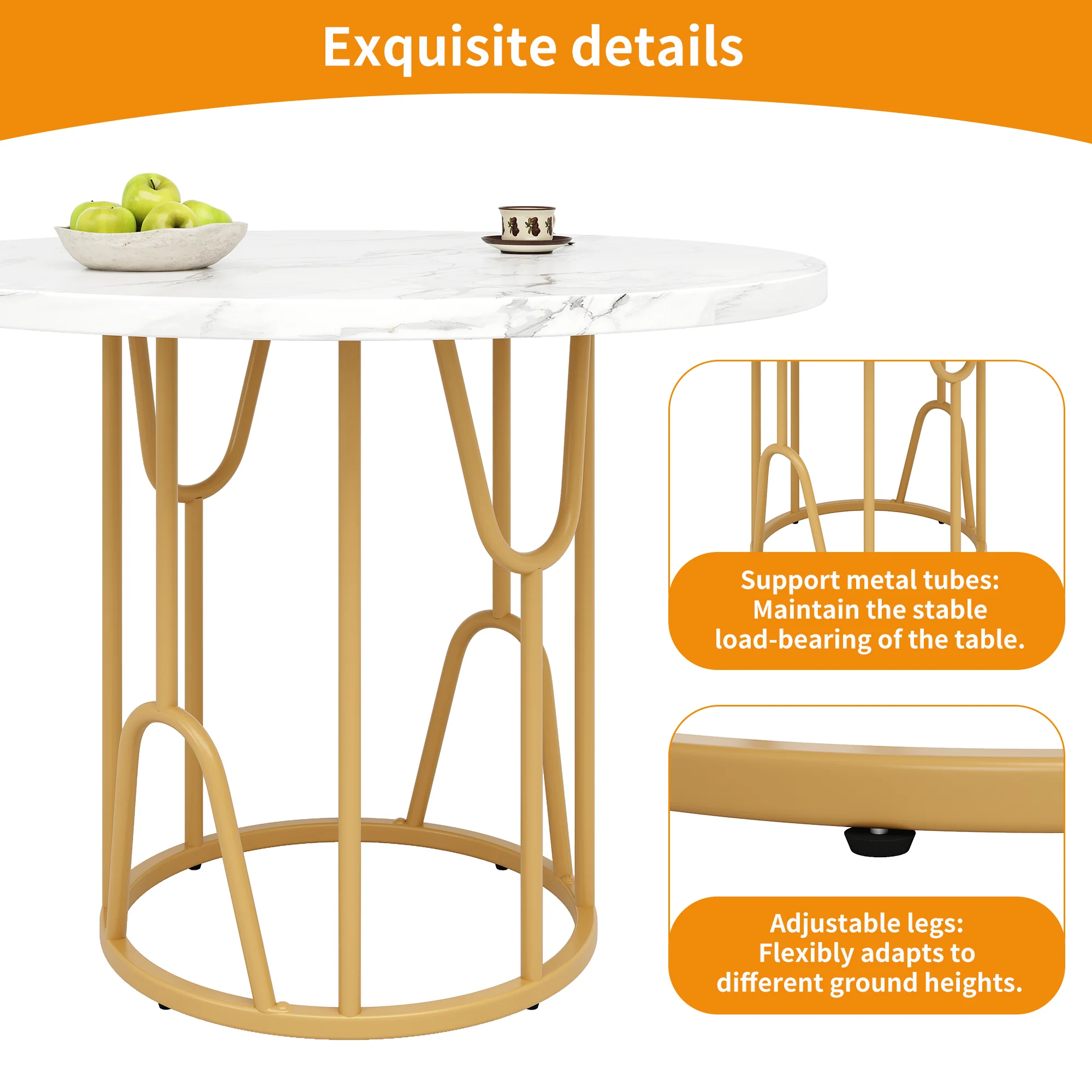 Round Dining Table 80cm 4-6 Seater Marbled MDF Gold Legs - Image 10