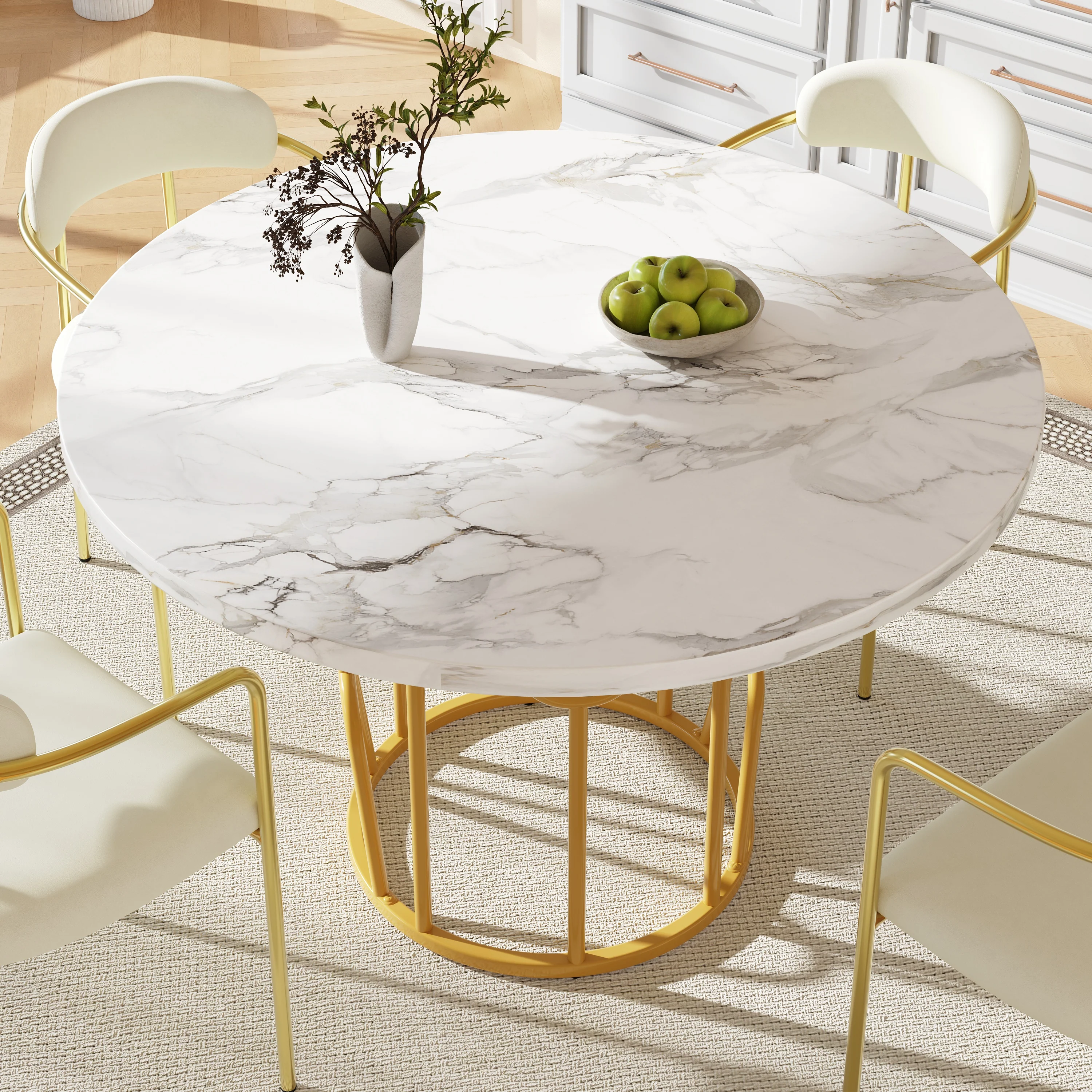 Round Dining Table 80cm 4-6 Seater Marbled MDF Gold Legs - Image 2