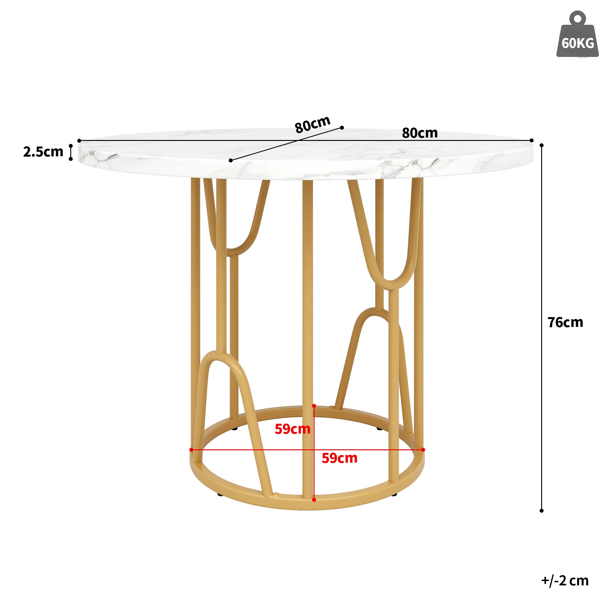 Round Dining Table 80cm 4-6 Seater Marbled MDF Gold Legs - Image 3
