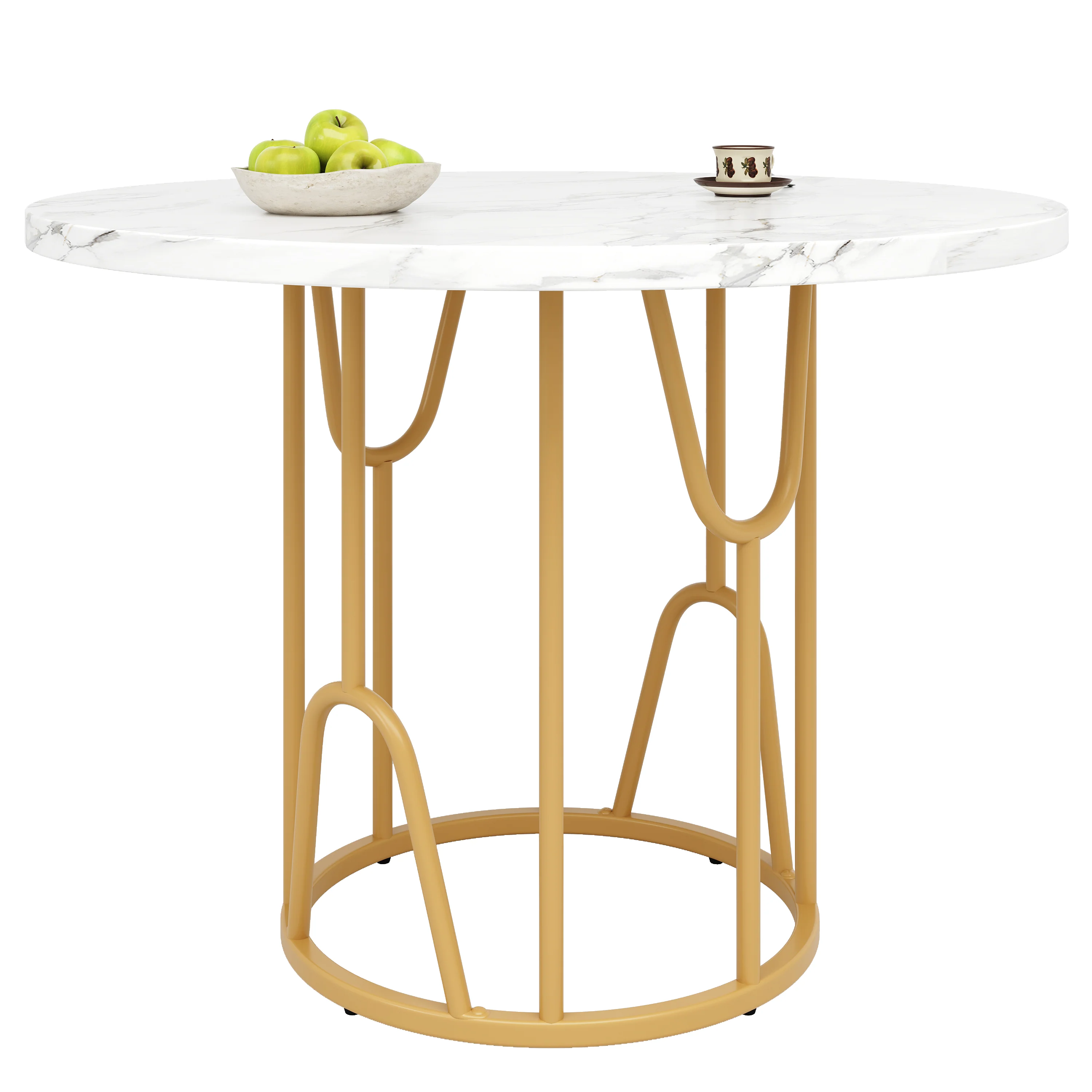Round Dining Table 80cm 4-6 Seater Marbled MDF Gold Legs - Image 4