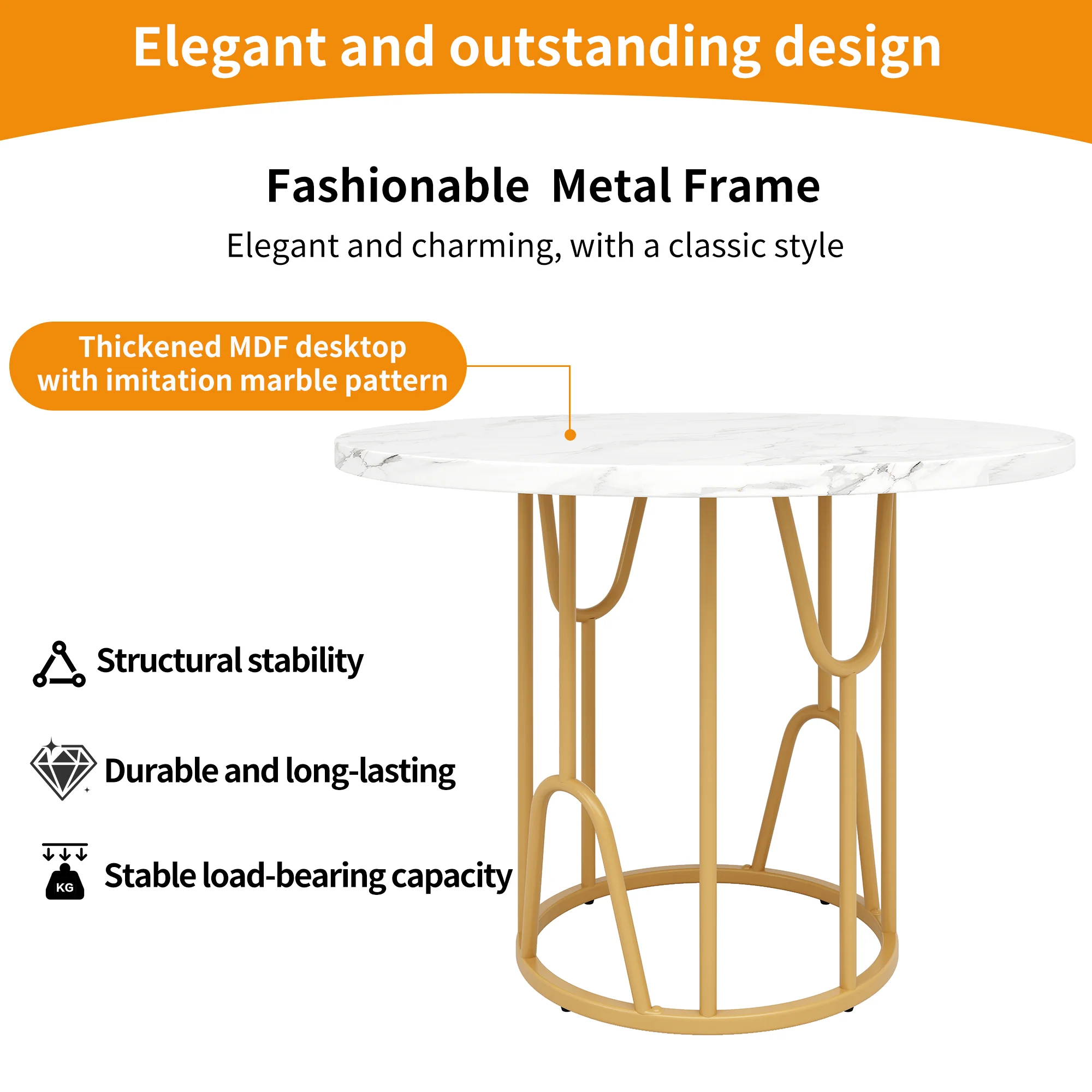 Round Dining Table 80cm 4-6 Seater Marbled MDF Gold Legs - Image 9