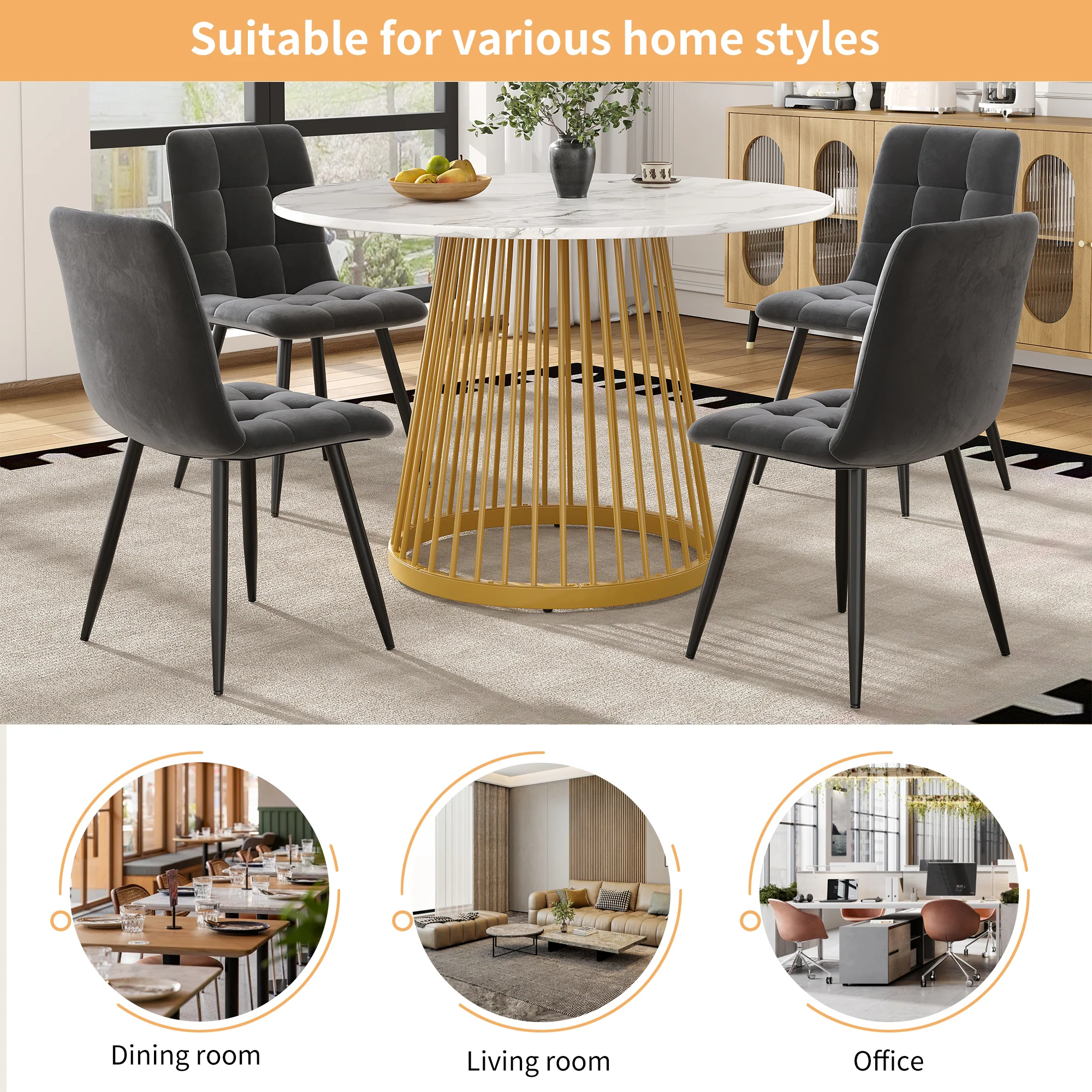 Round Dining Table 80cm 4-Person MDF Marbled Top Gold Legs - Image 10