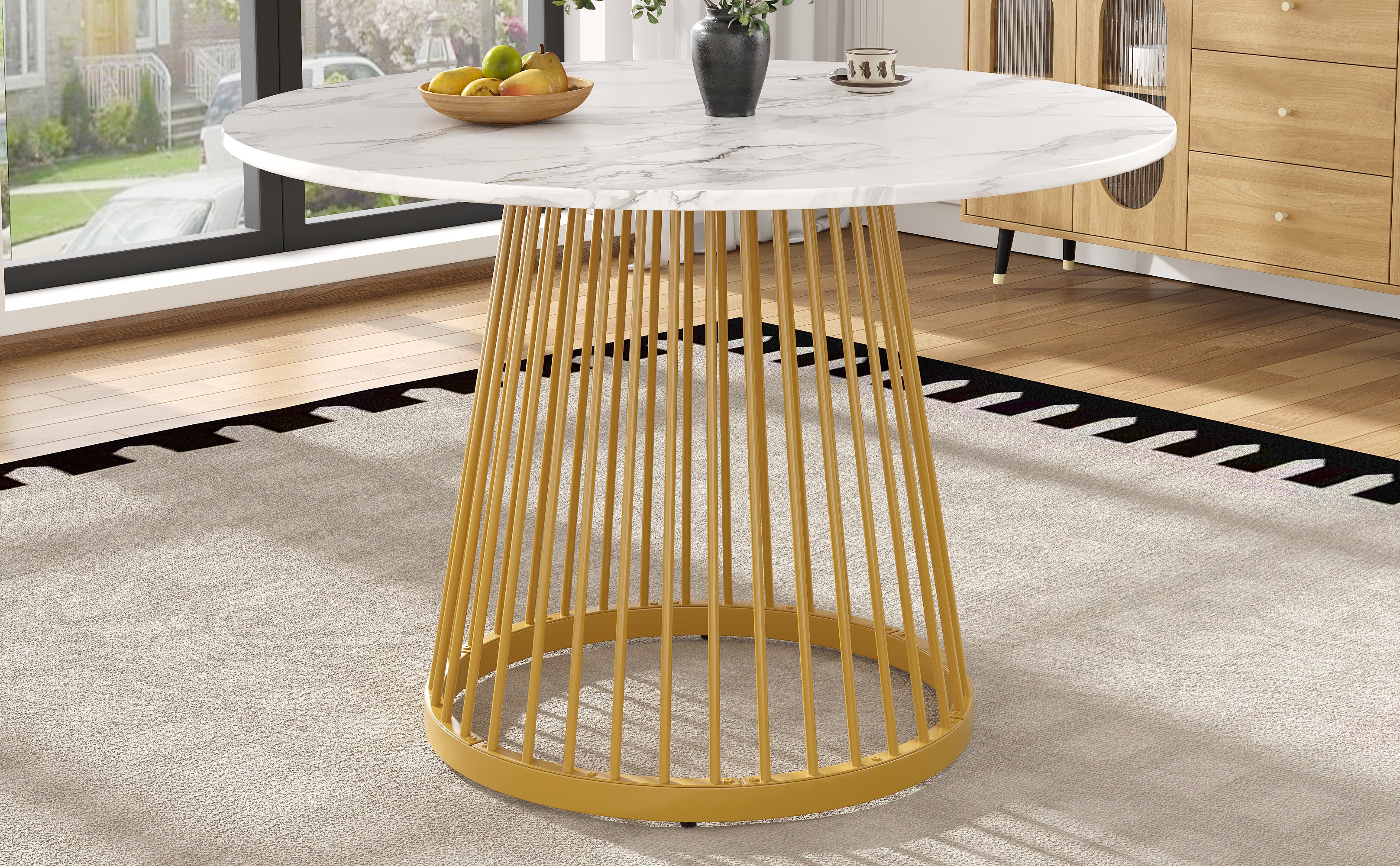Round Dining Table 80cm 4-Person MDF Marbled Top Gold Legs - Image 2